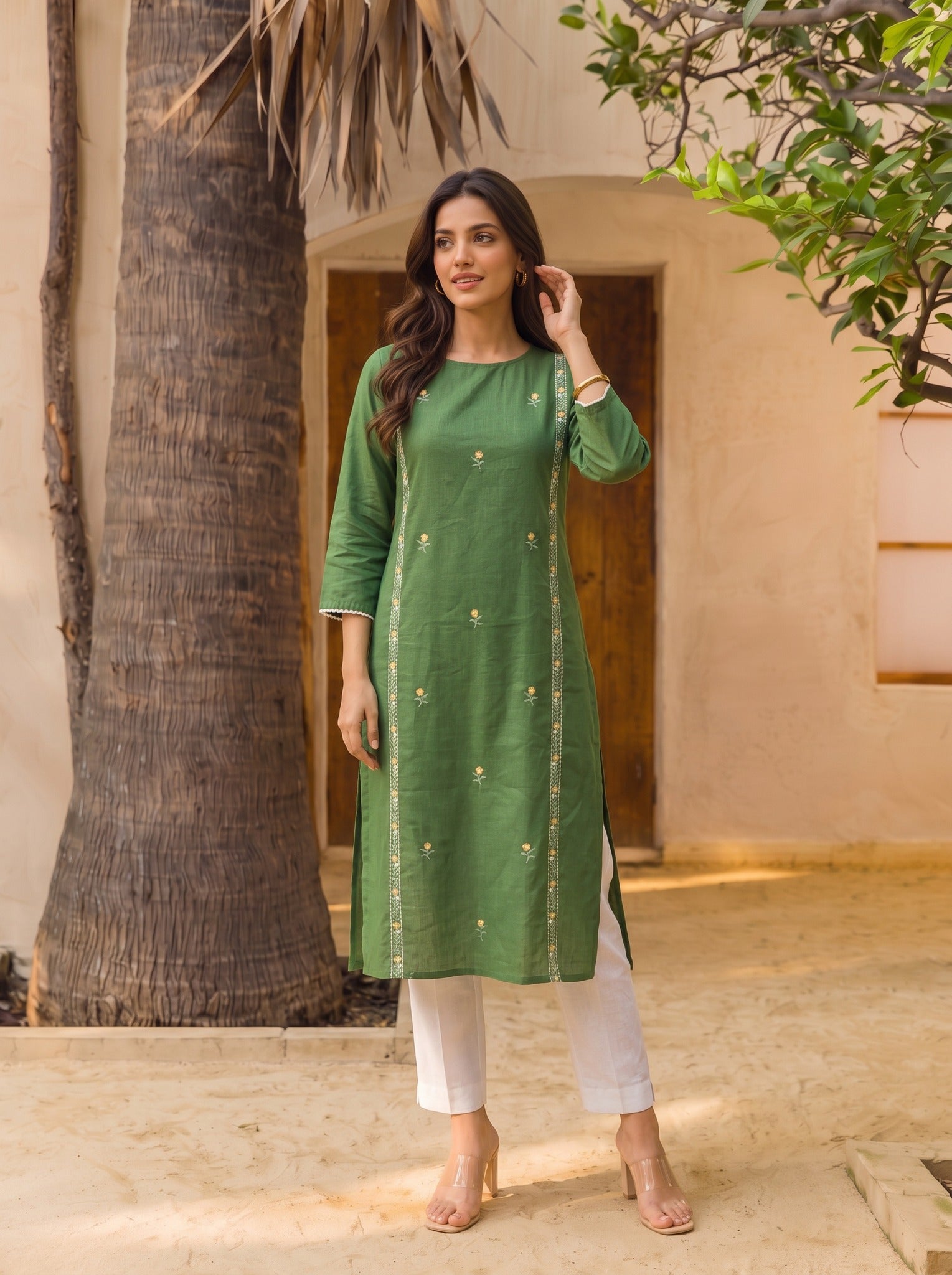 Cotton Embroidered Straight Calf Length Kurta