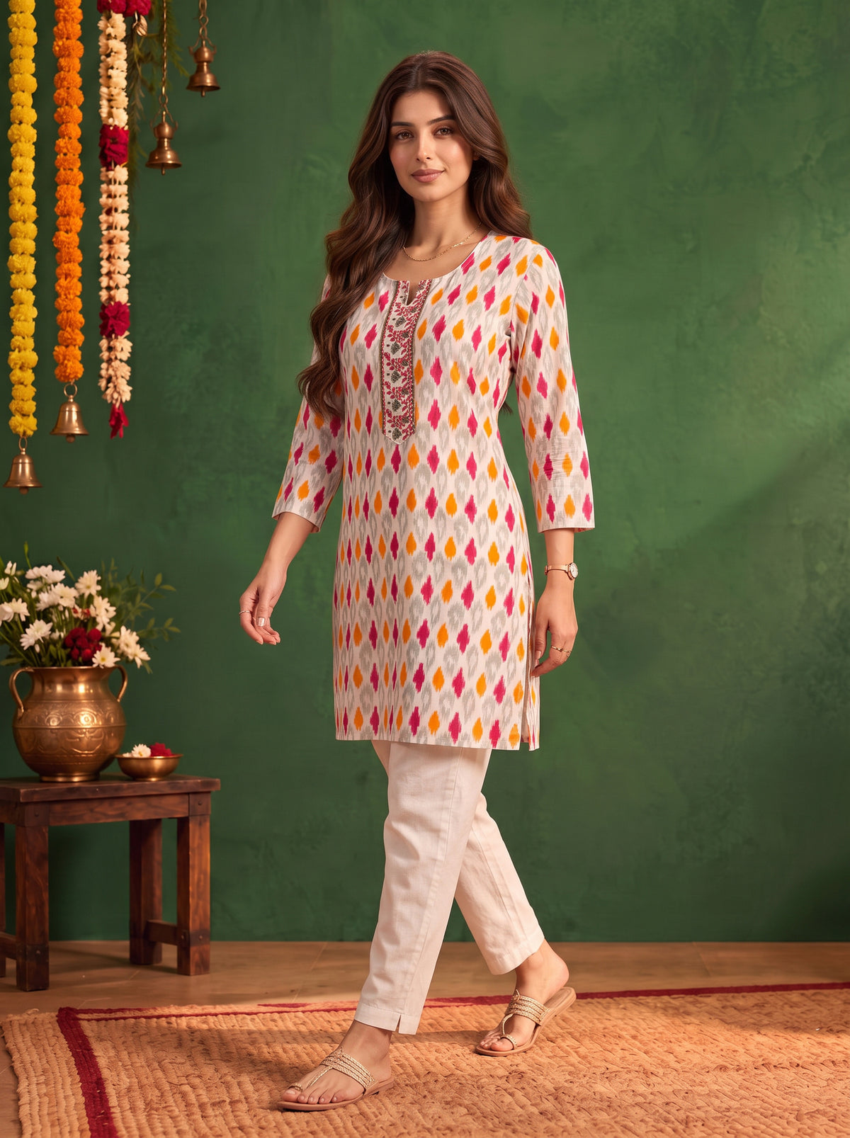 Buy Rayon Printed Straight Knee Length Kurta-Off White
