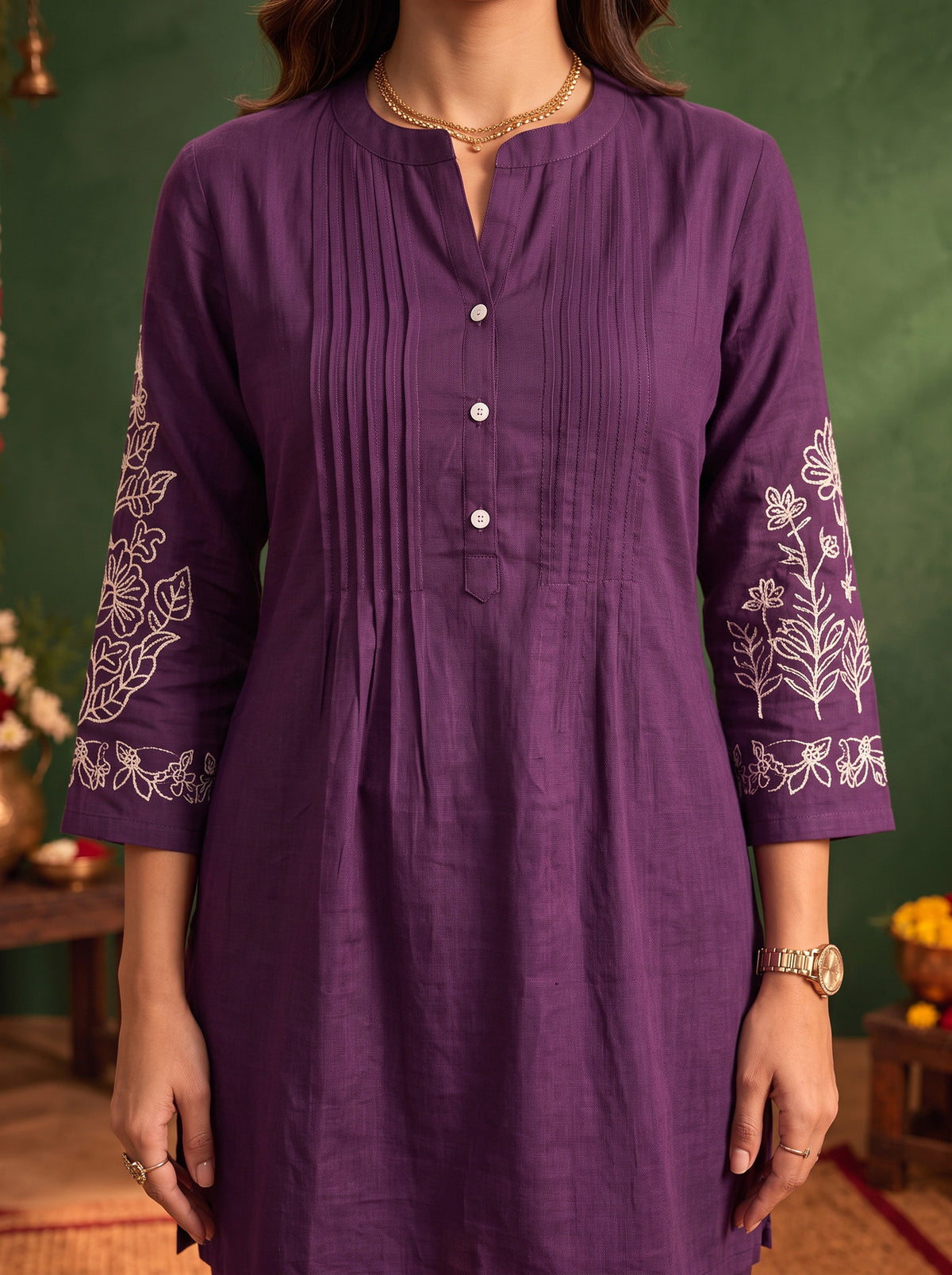 Buy Viscose Embroidered Straight Thigh Length Kurta With Pant-Wine