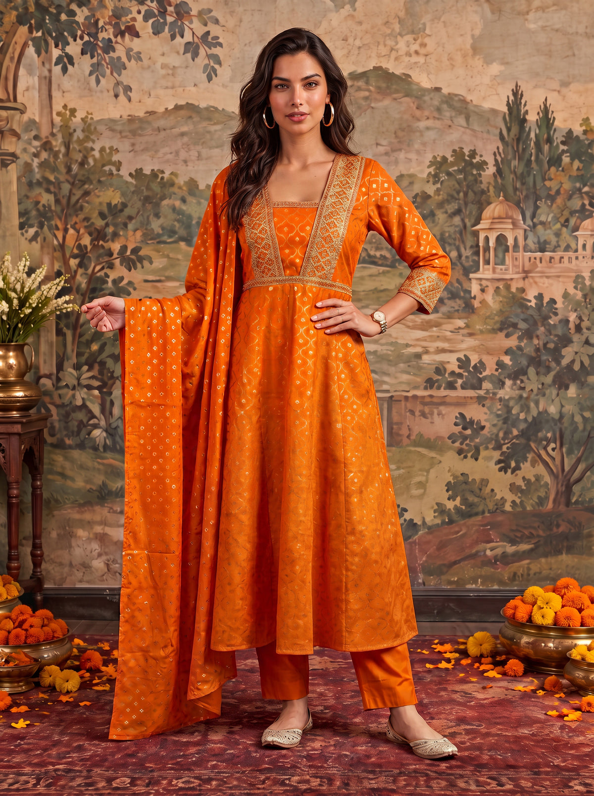 Buy Viscose Embroidered Flared Calf Length Kurta With Pant and Dupatta-Orange