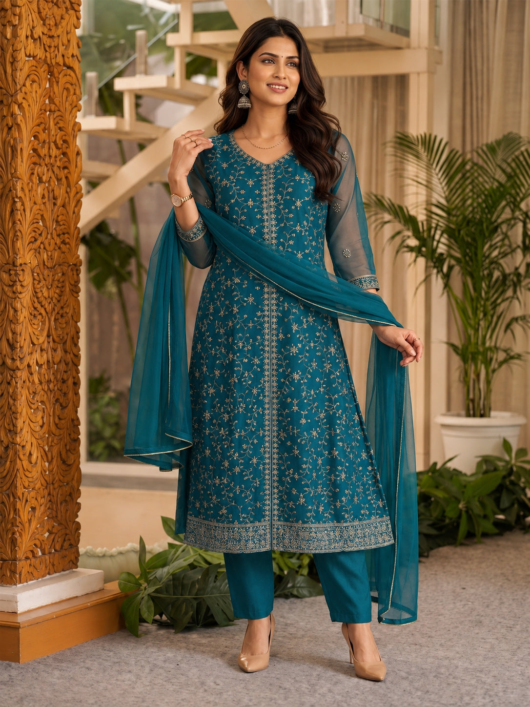 Rayon Embroidered Flared Calf Length Kurta With Pant and Dupatta