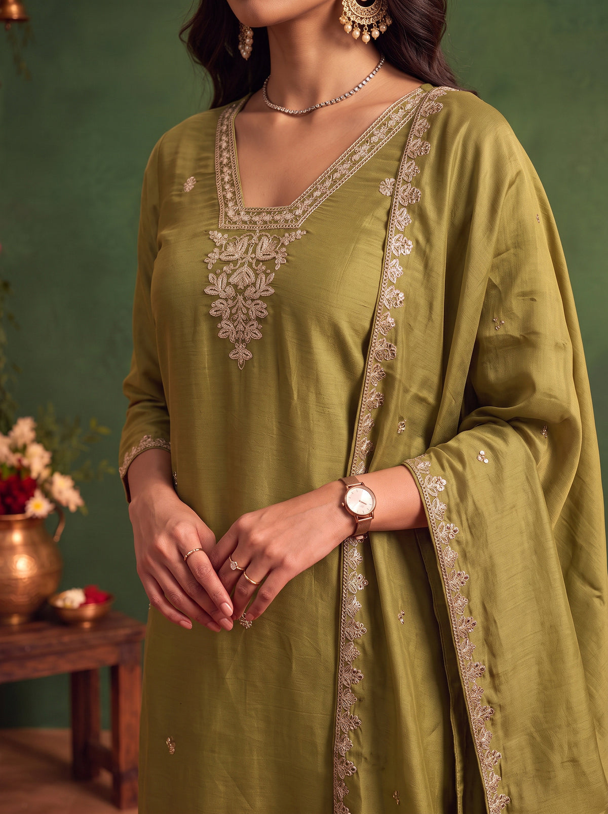 Buy Chanderi Embroidered Straight Calf Length Kurta With Pant and Dupatta-Olive Green