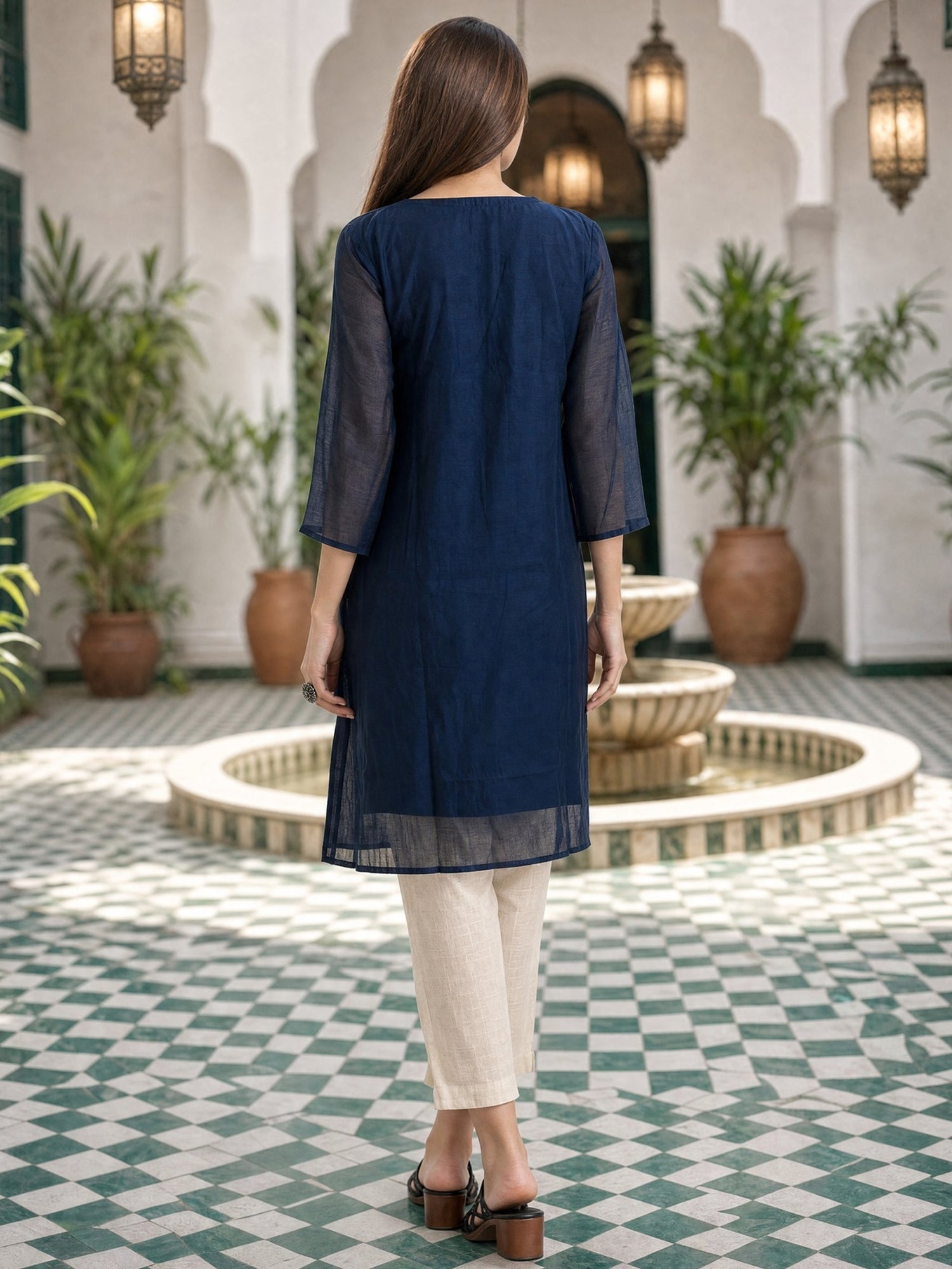 Chanderi Embroidered A-Line Calf Length Kurta