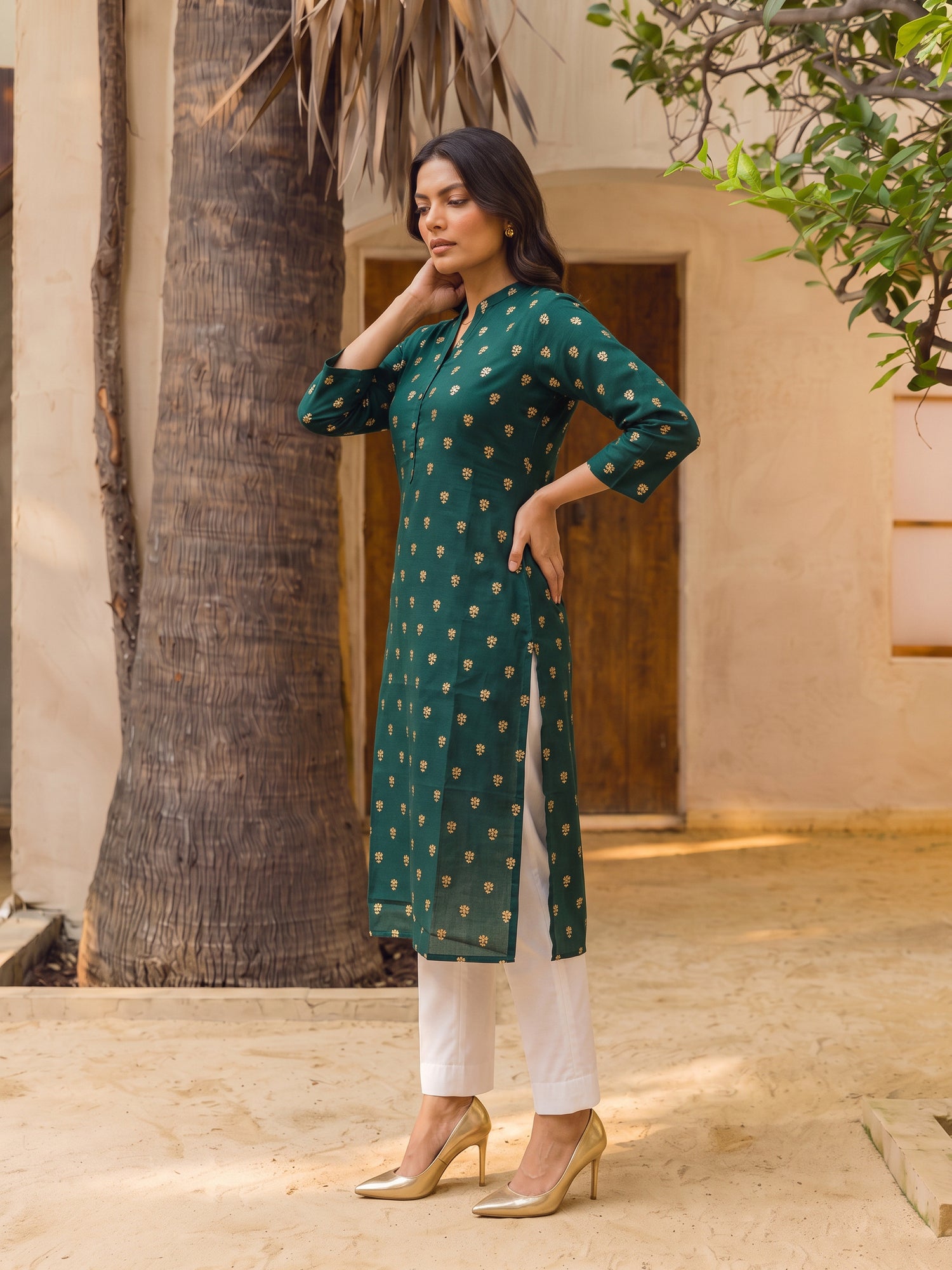 Buy Cotton Printed Straight Calf Length Kurta-Green