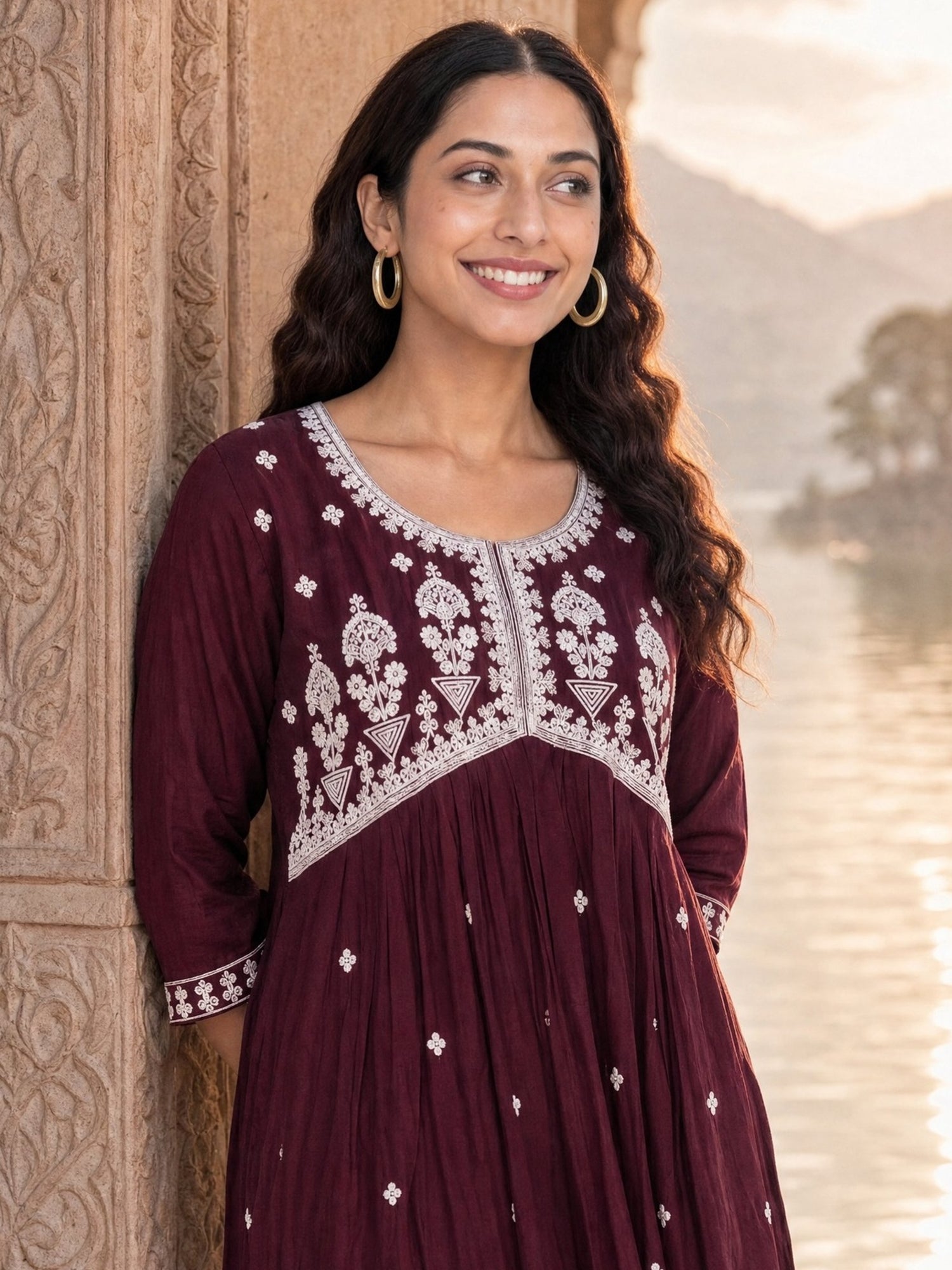 Viscose Embroidered Flared Calf Length Kurta