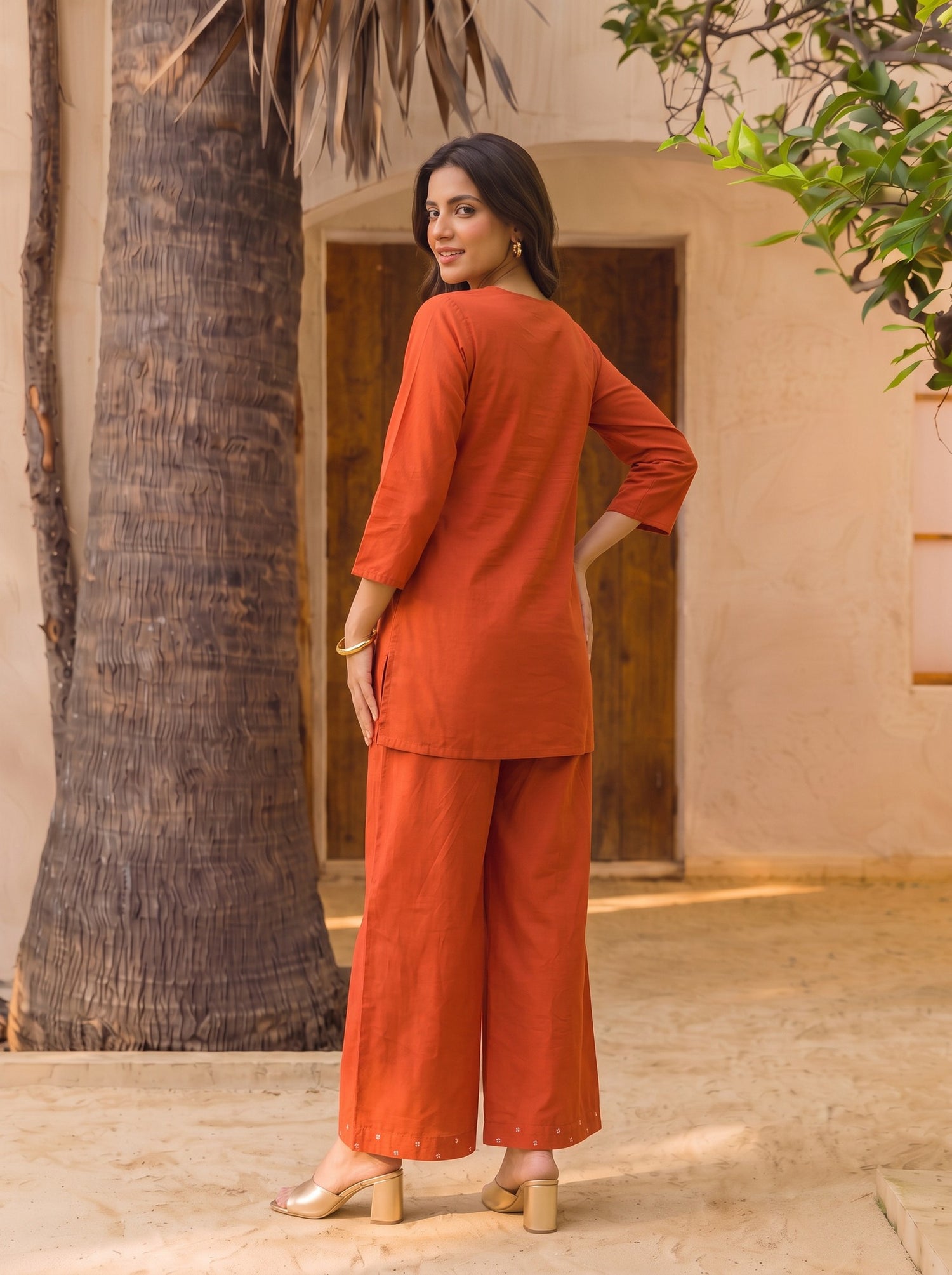 Buy Cotton Embroidered Straight Co-Ord Set-Rust