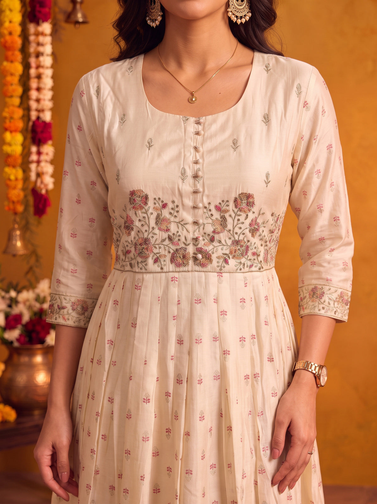 Viscose Embroidered Flared Calf Length Kurta