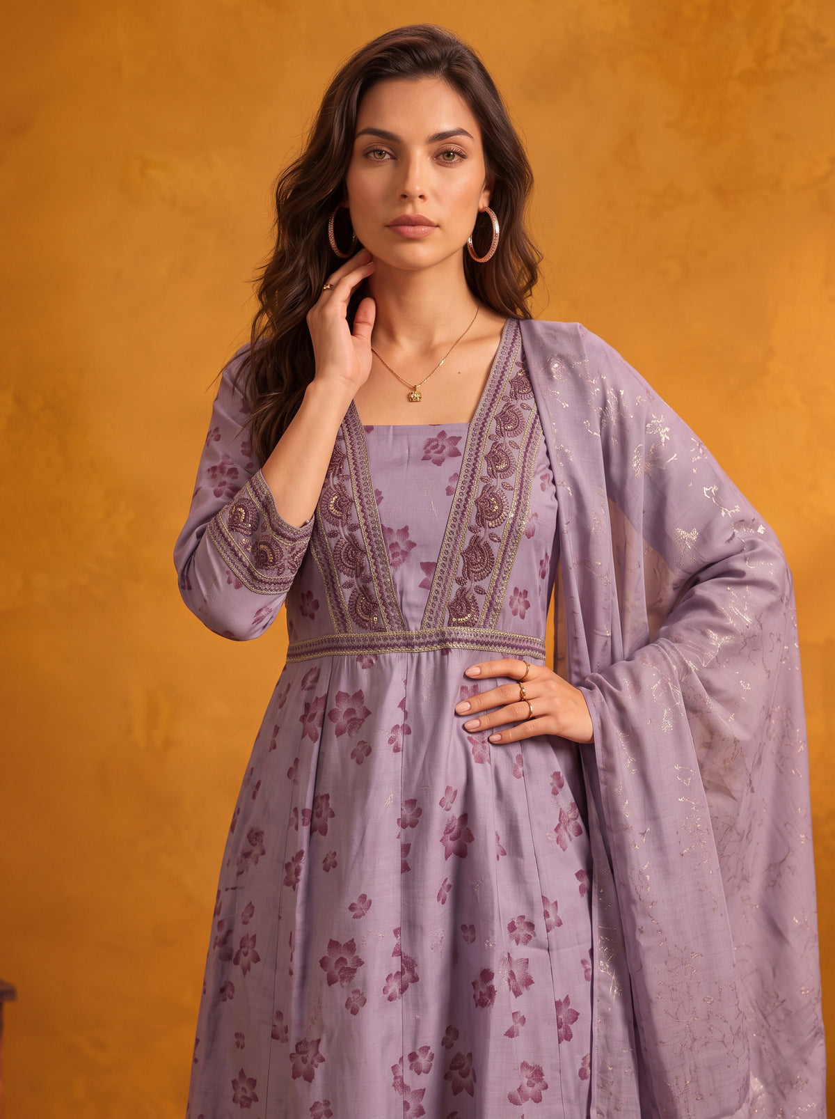 Viscose Embroidered Flared Calf Length Kurta With Pant and Dupatta