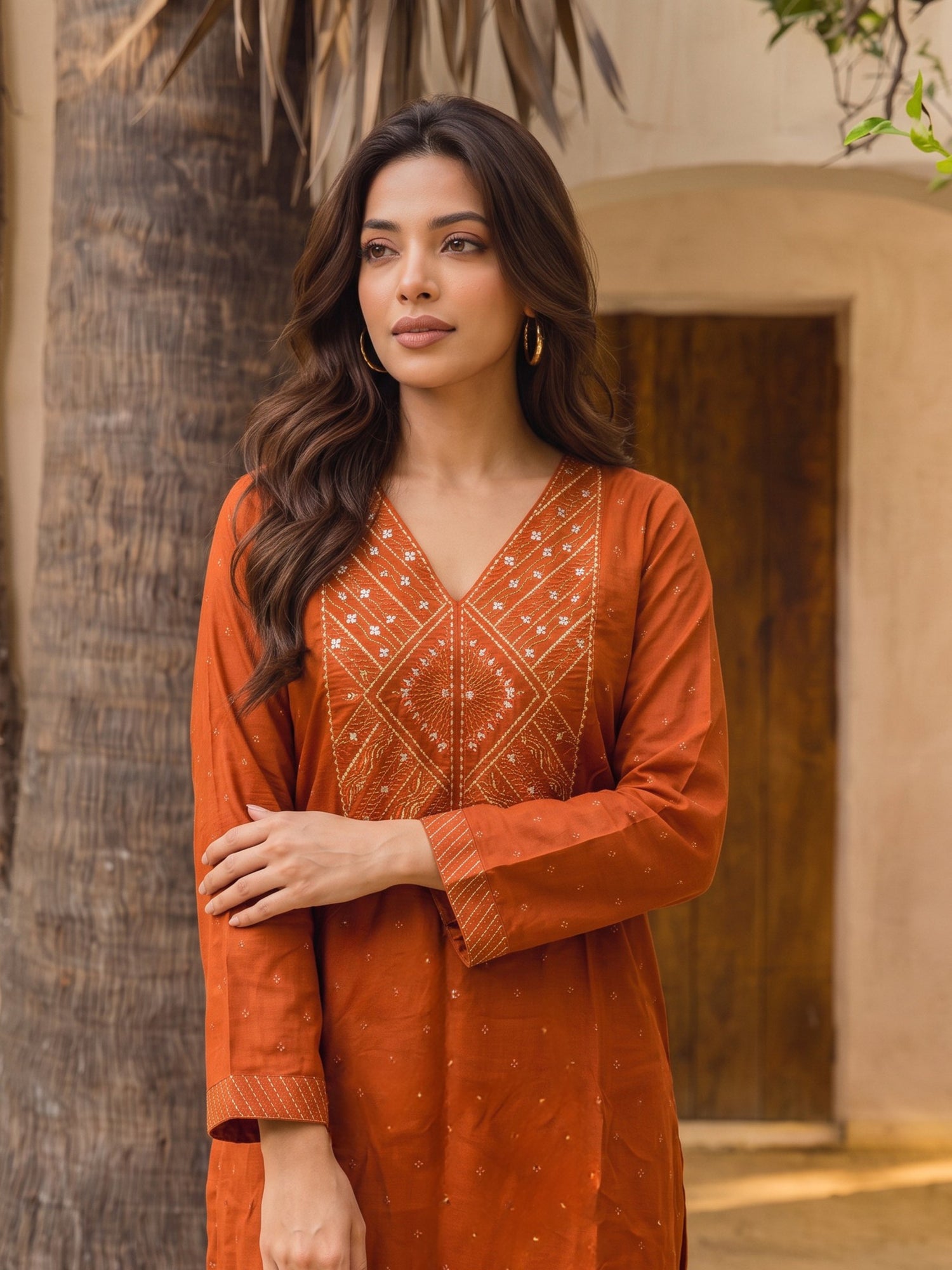 Buy Rayon Embroidered Straight Calf Length Kurta-Rust