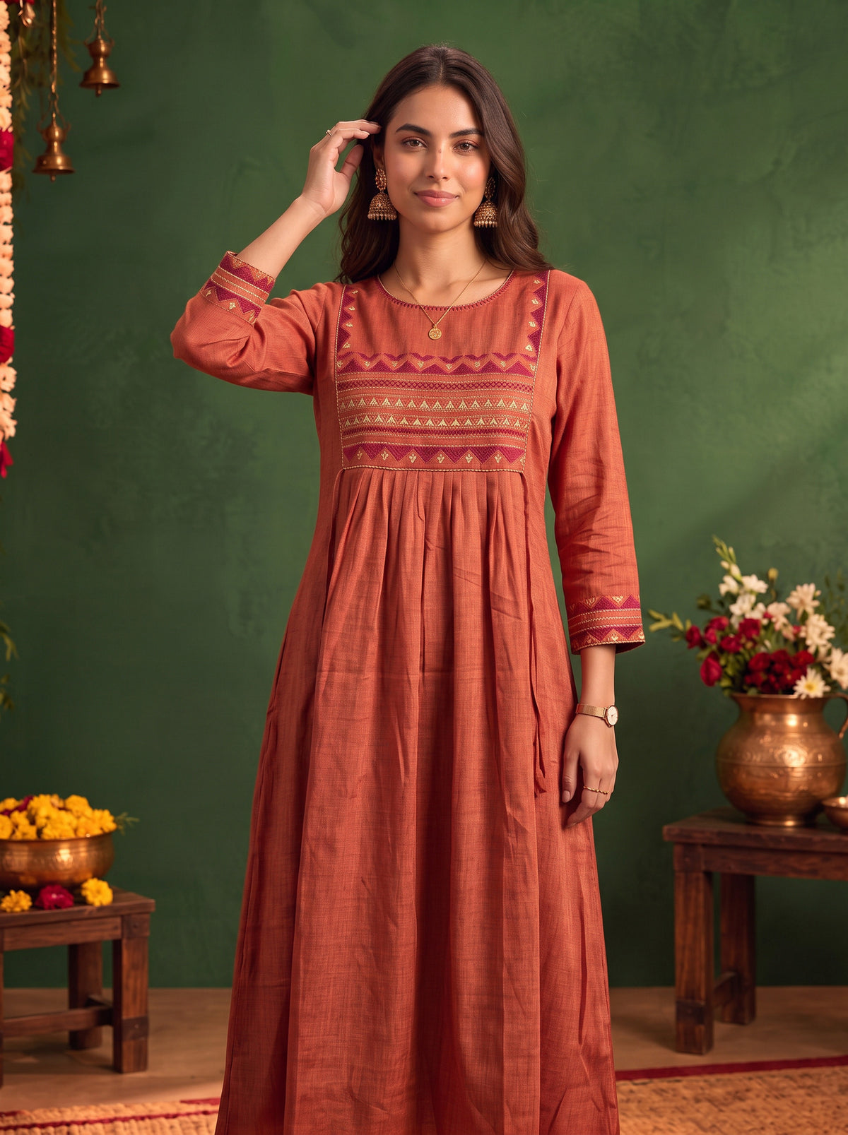 Viscose Embroidered Flared Calf Length Dress