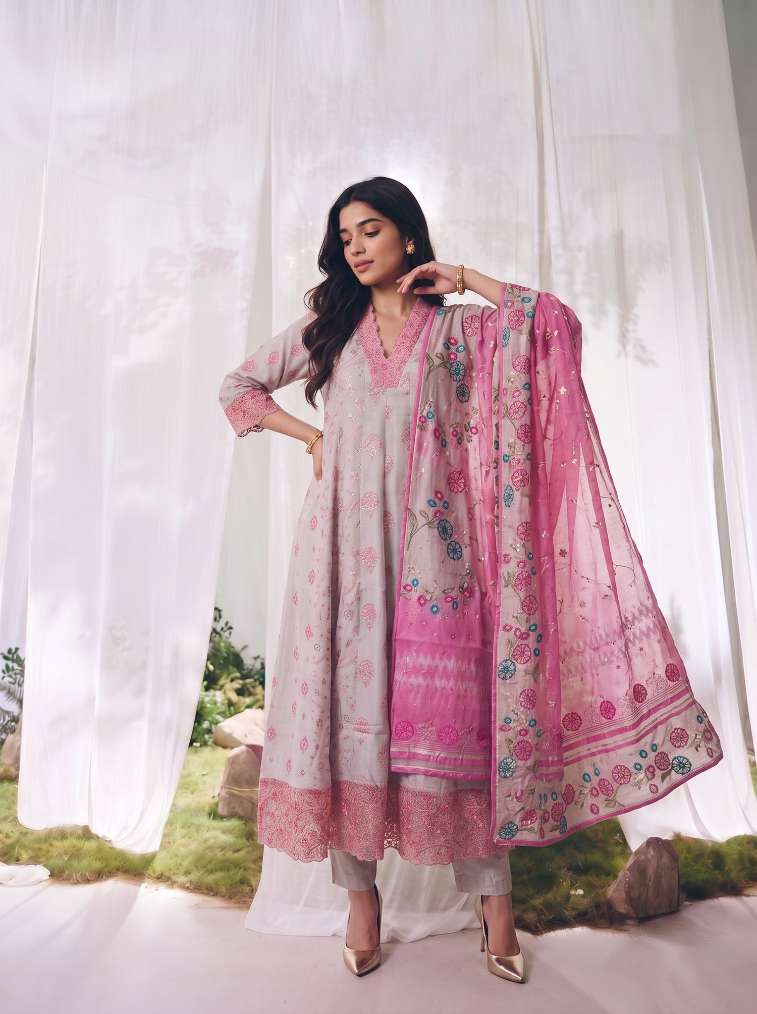 Buy Viscose Embroidered Straight Calf Length Kurta With Pant-Beige