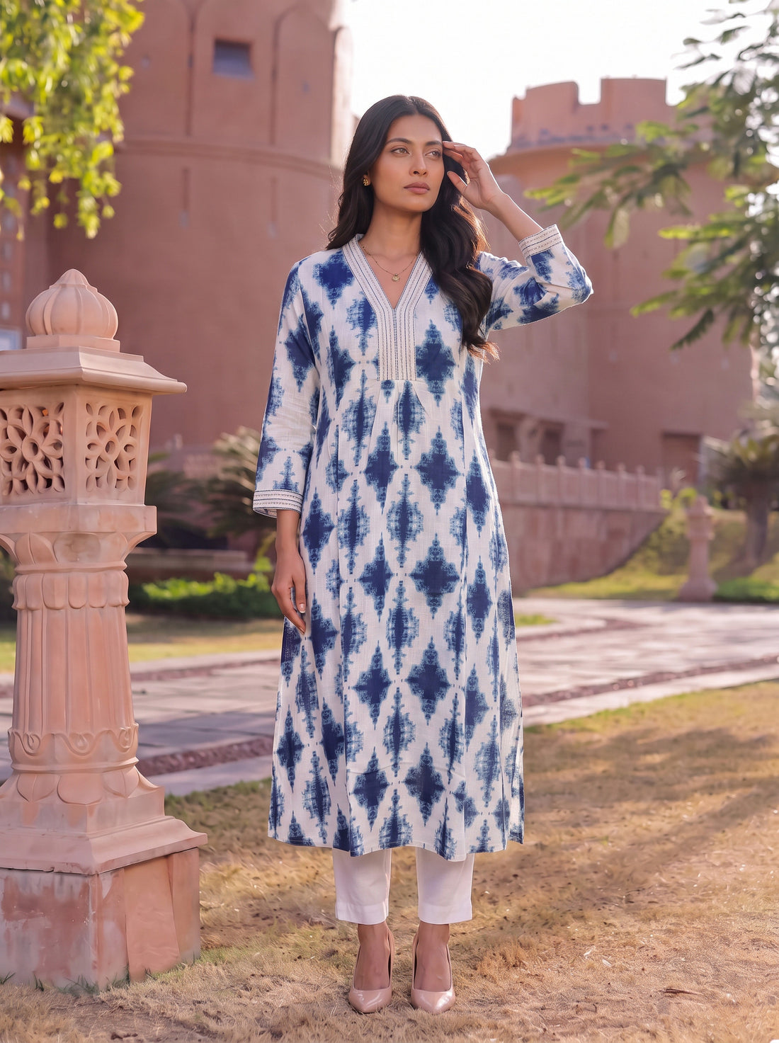 Buy Cotton Embroidered Straight Calf Length Kurta-Blue