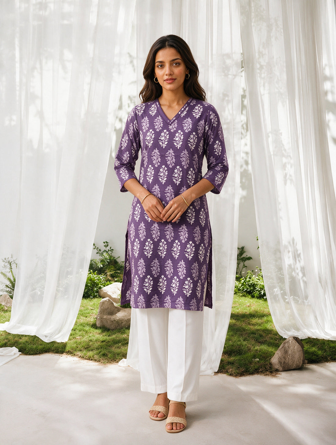 Buy Rayon Printed Straight Knee Length Kurta-Purple