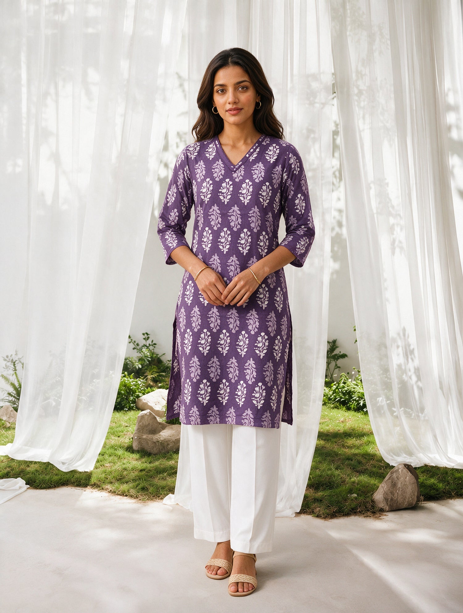 Buy Rayon Printed Straight Knee Length Kurta-Purple