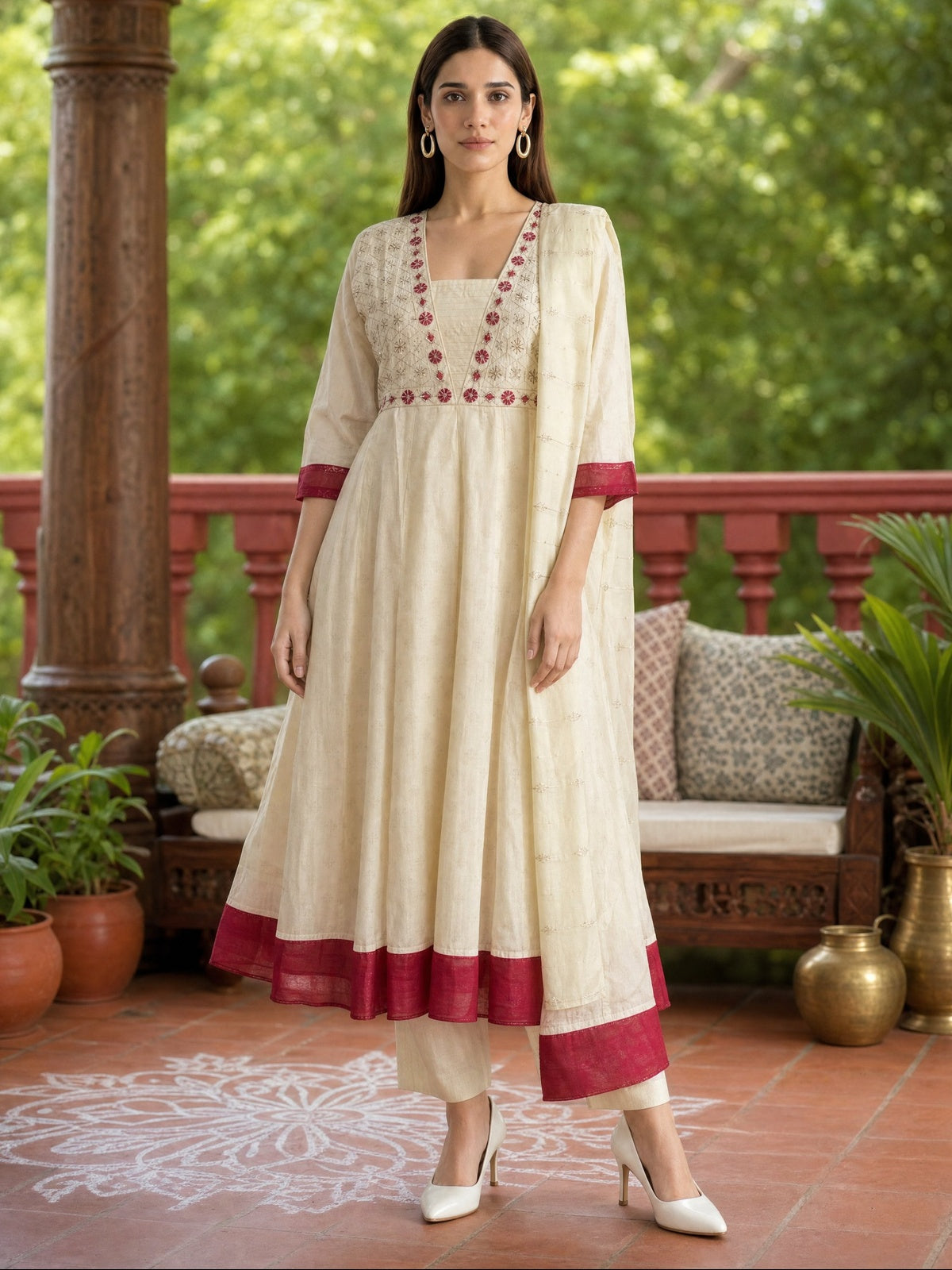 Viscose Embroidered Anarkali Calf Length Kurta With Pant and Dupatta
