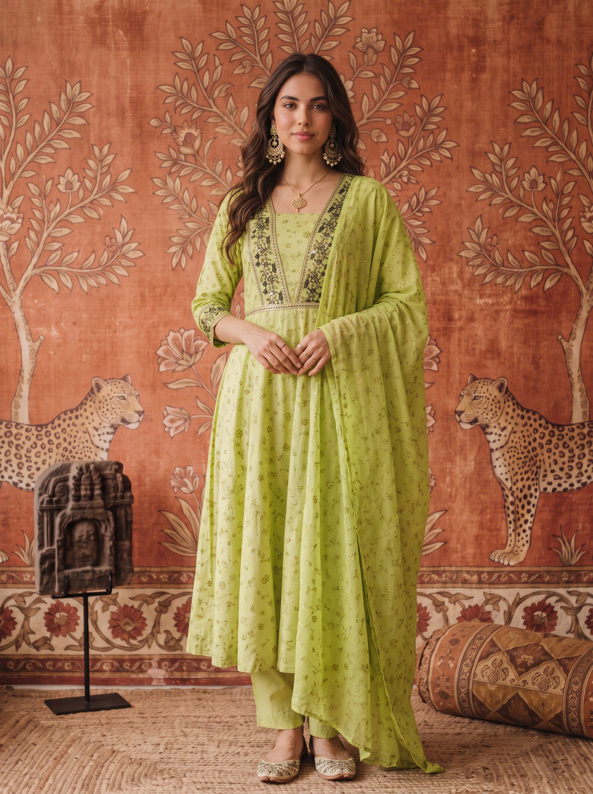 Viscose Embroidered Flared Calf Length Kurta With Pant and Dupatta