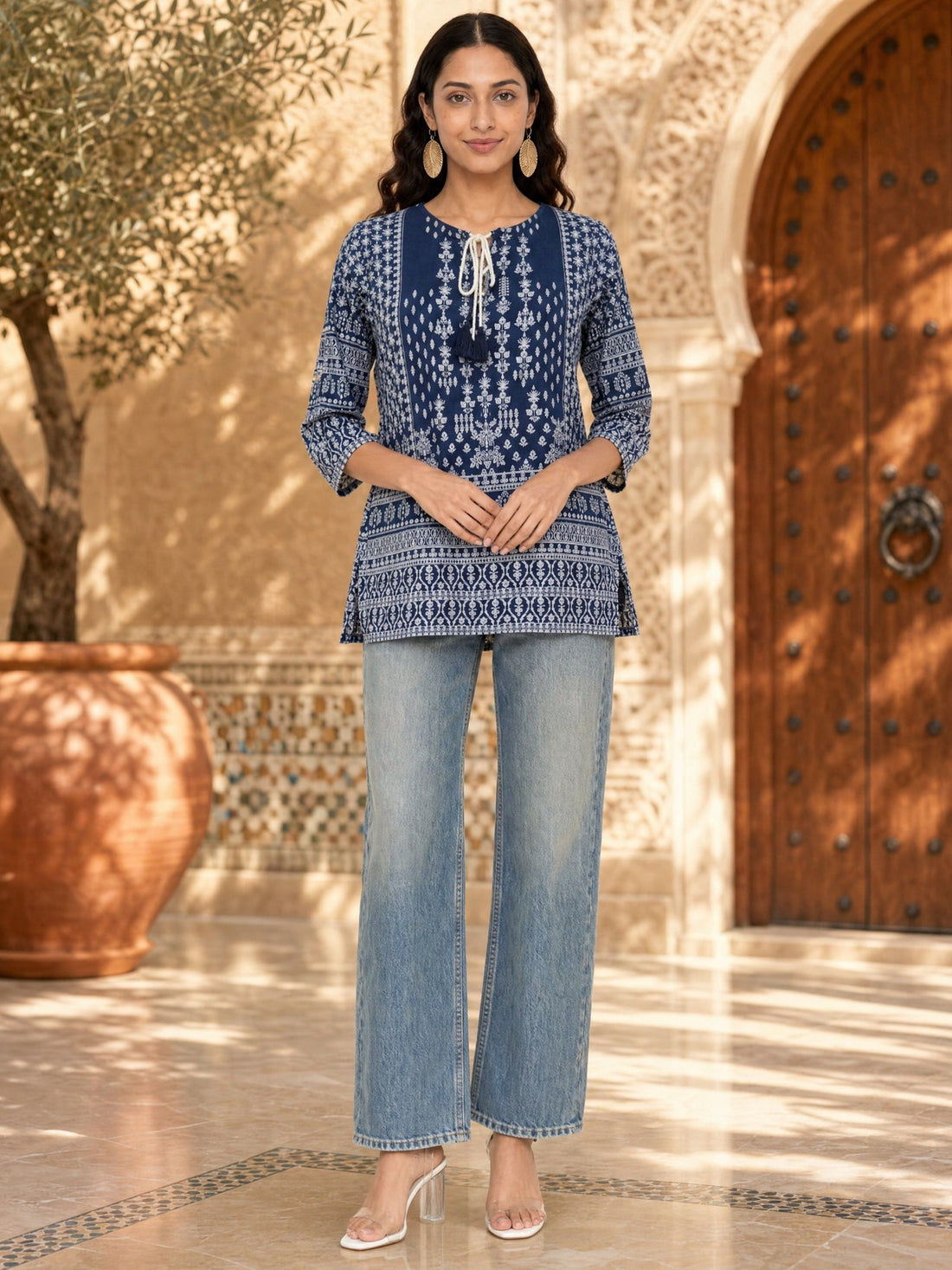 Buy Rayon Printed Straight Short Length Short Kurta-Navy