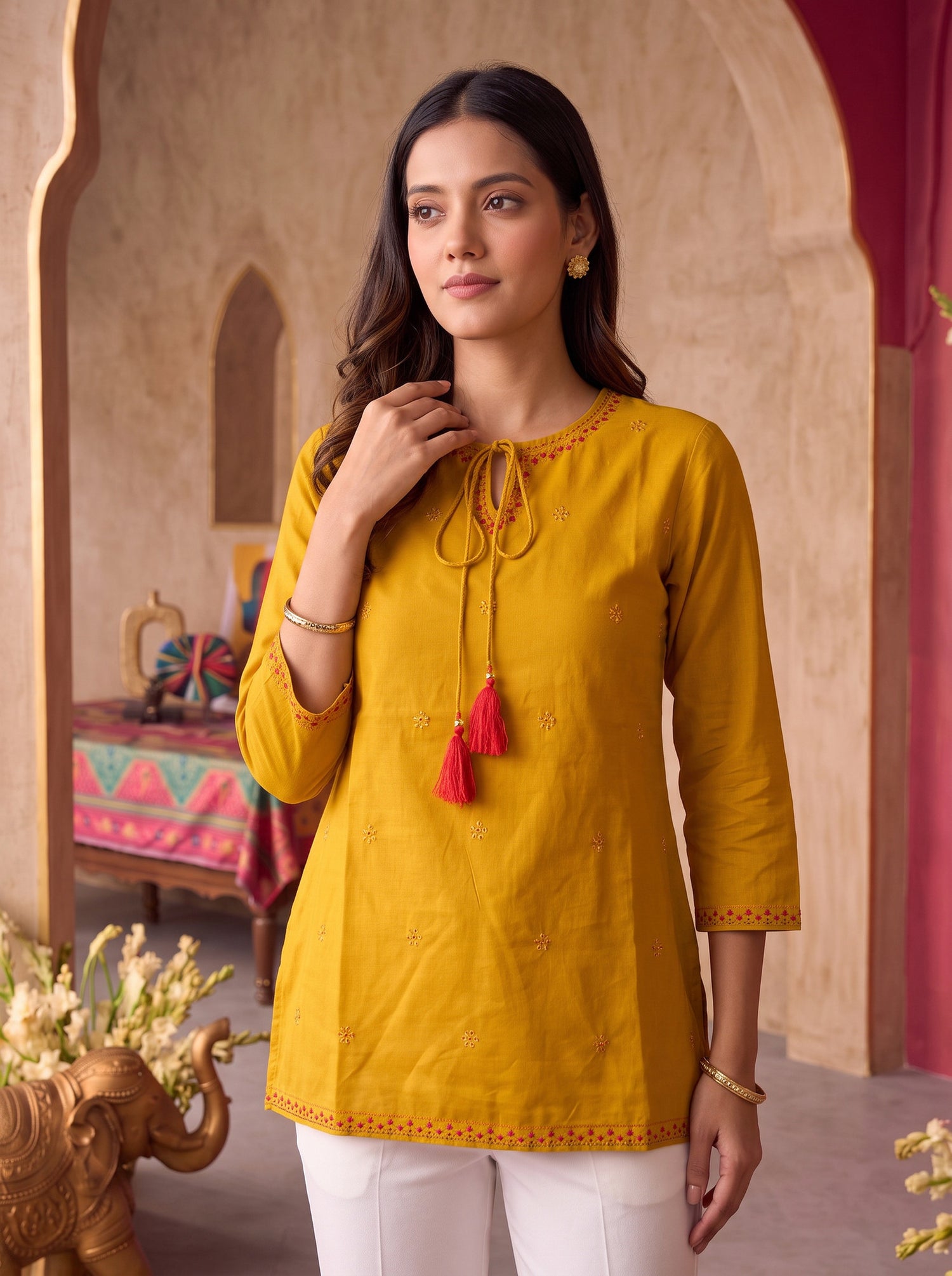 Buy Rayon Embroidered Straight Short Length Short Kurta-Mustard