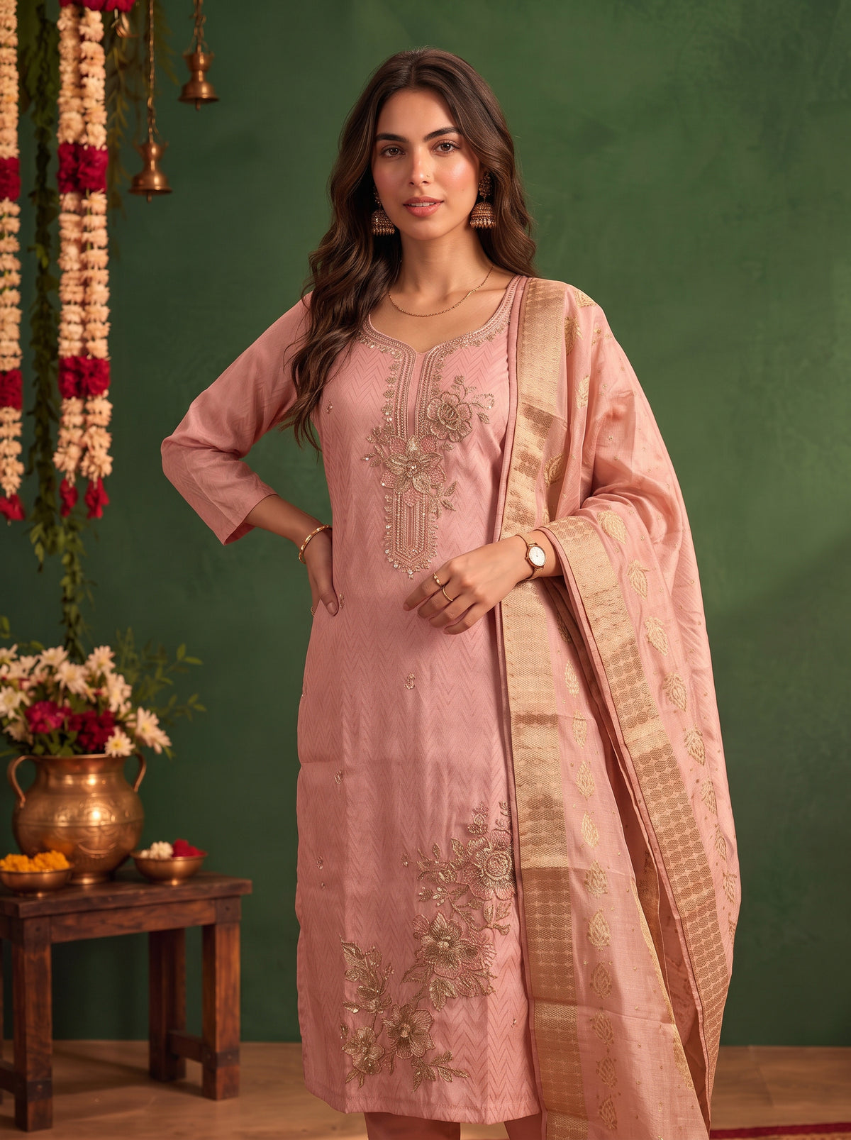 Viscose Embroidered Straight Calf Length Kurta With Pant and Dupatta