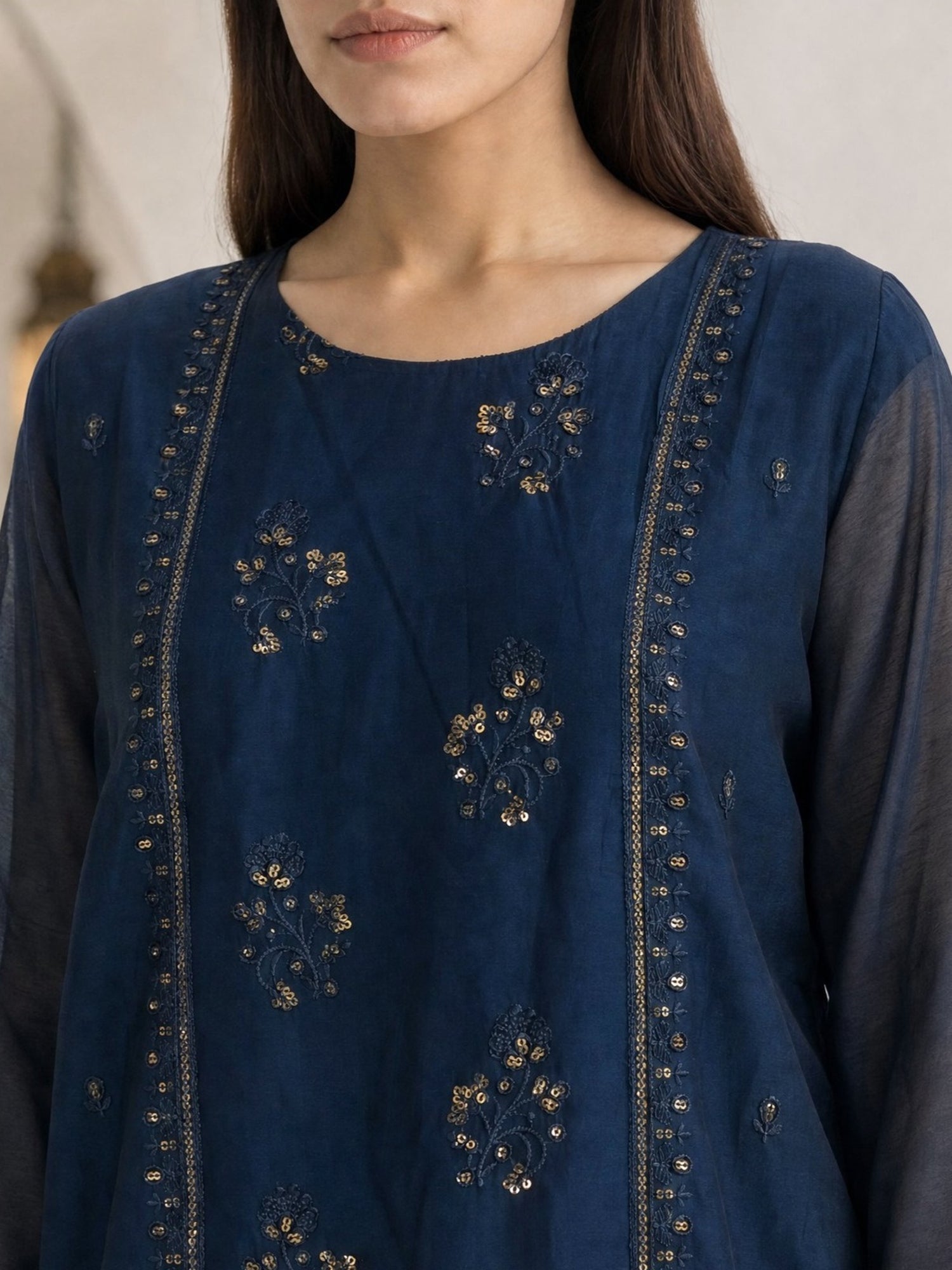 Chanderi Embroidered A-Line Calf Length Kurta