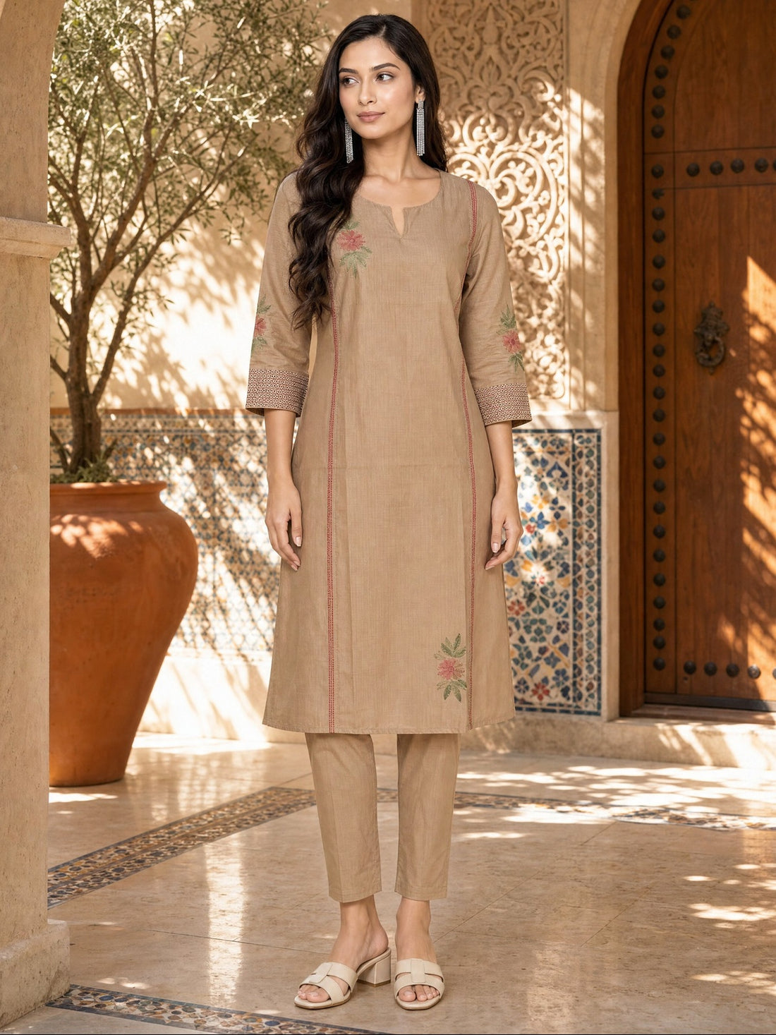 Buy Viscose Embroidered Straight Calf Length Kurta With Pant-Beige