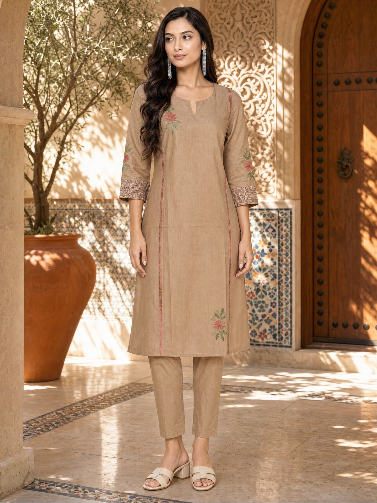 Viscose Embroidered Straight Calf Length Kurta With Pant