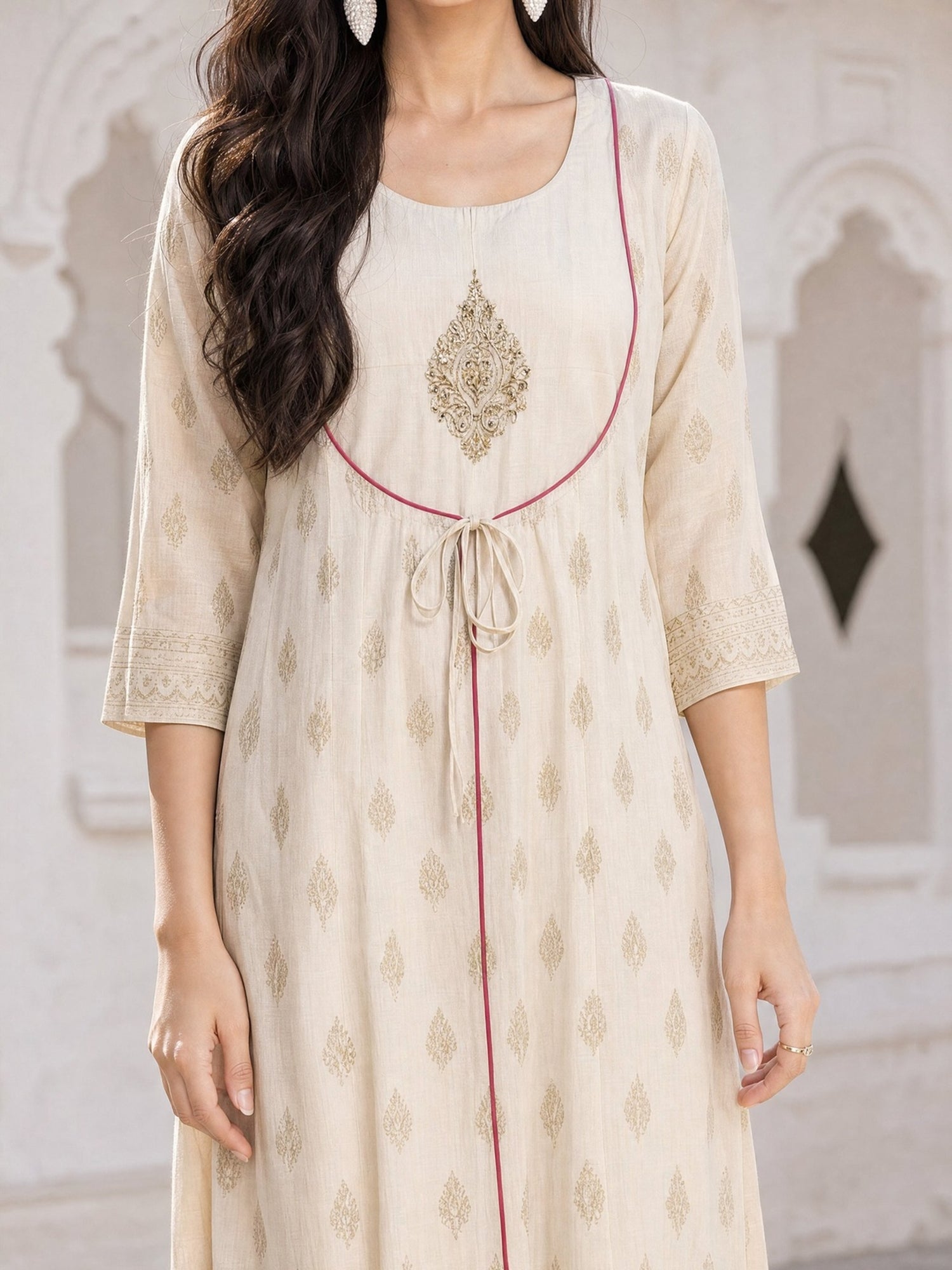 Chanderi Embroidered Flared Calf Length Kurta