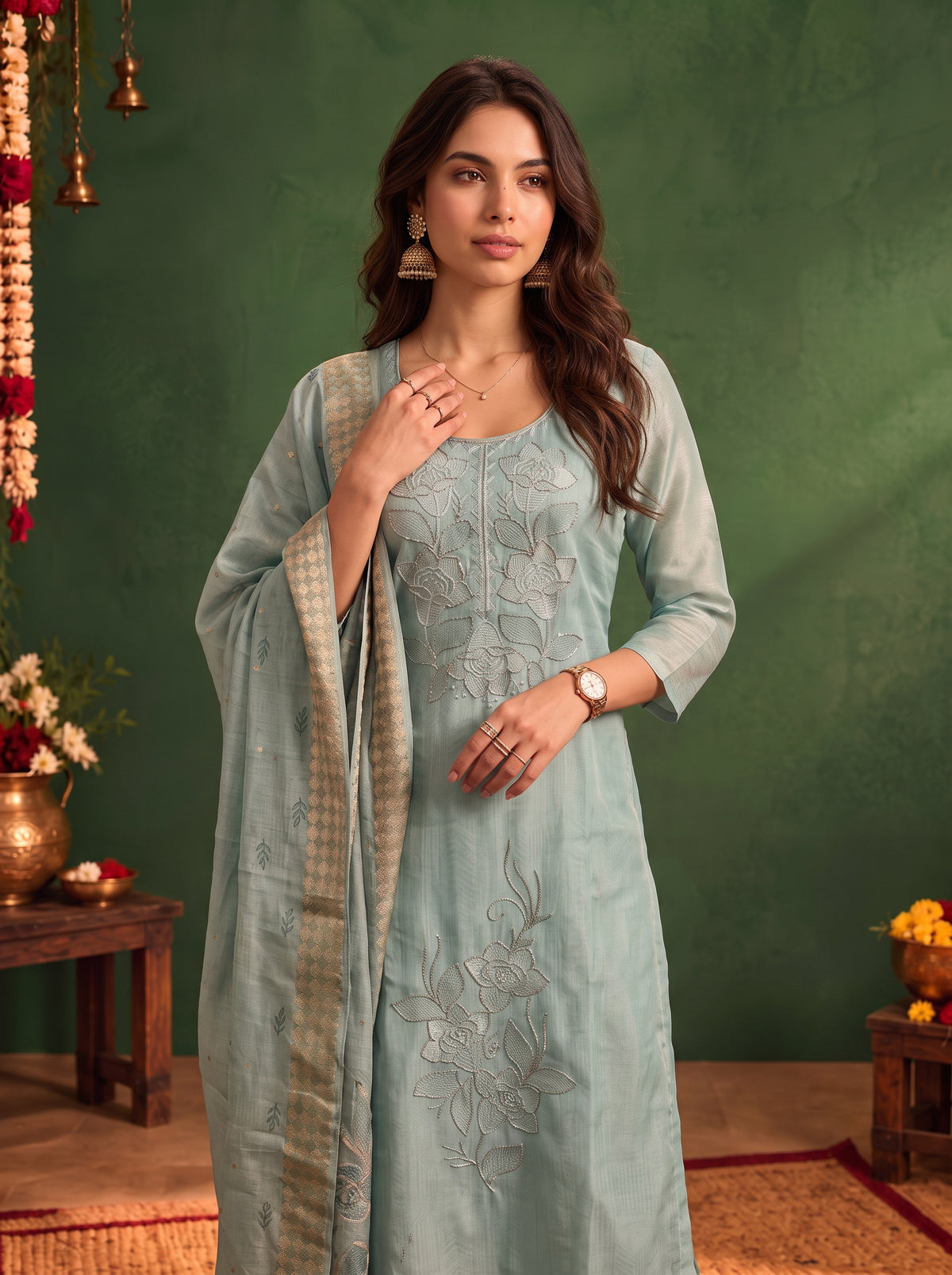 Viscose Embroidered Straight Calf Length Kurta With Pant and Dupatta