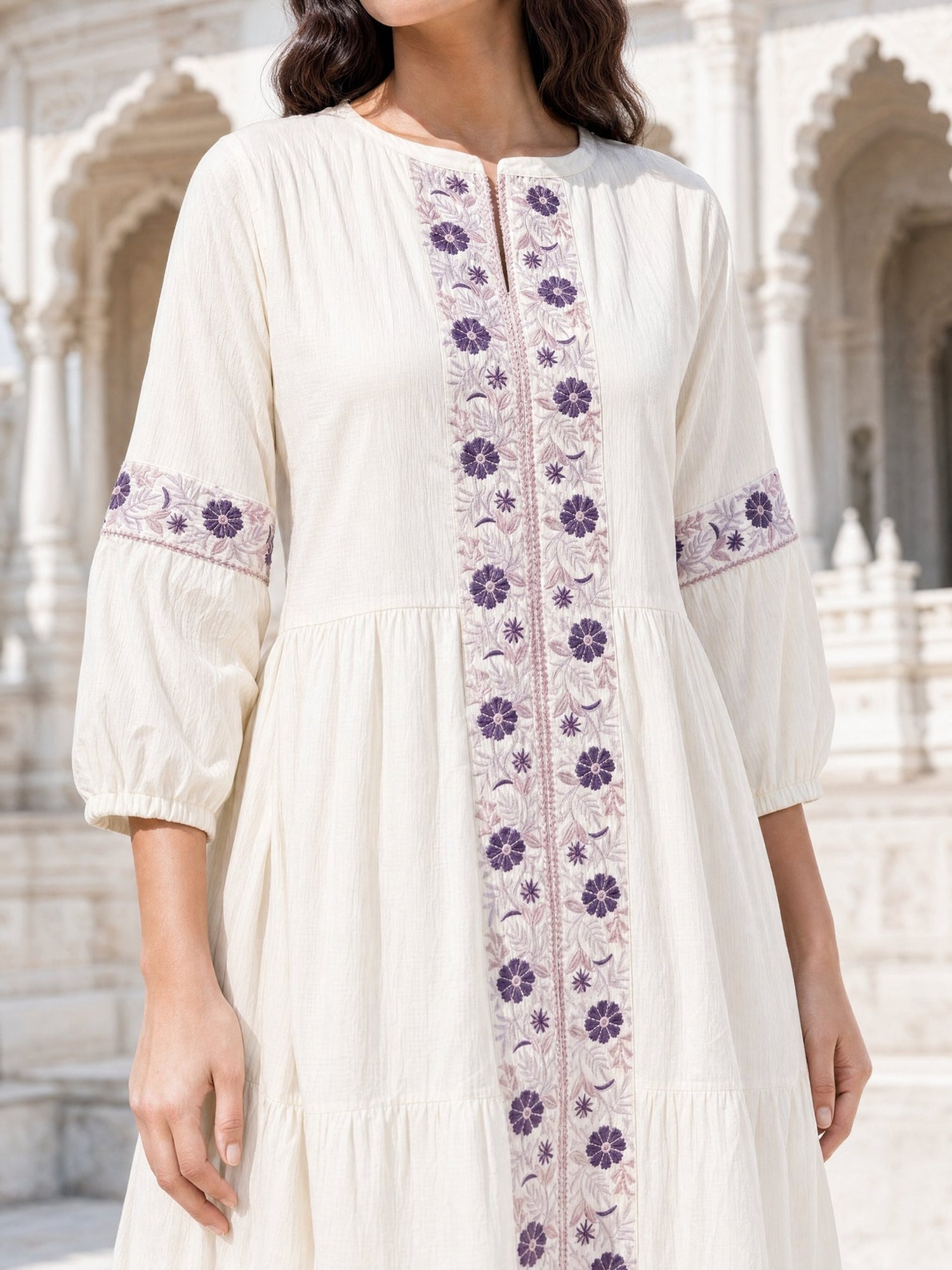 Viscose Embroidered Flared Calf Length Dress