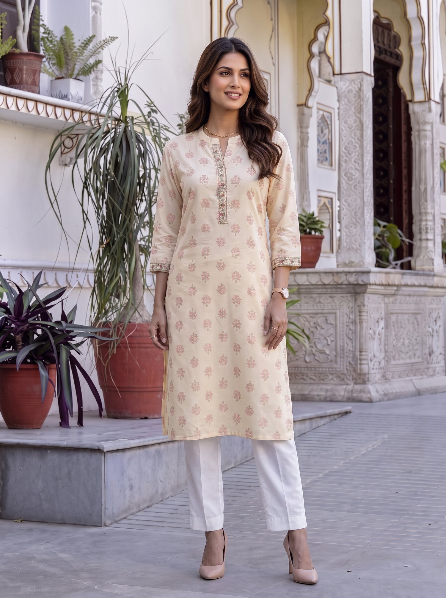Buy Rayon Embroidered Straight Calf Length Kurta-Peach