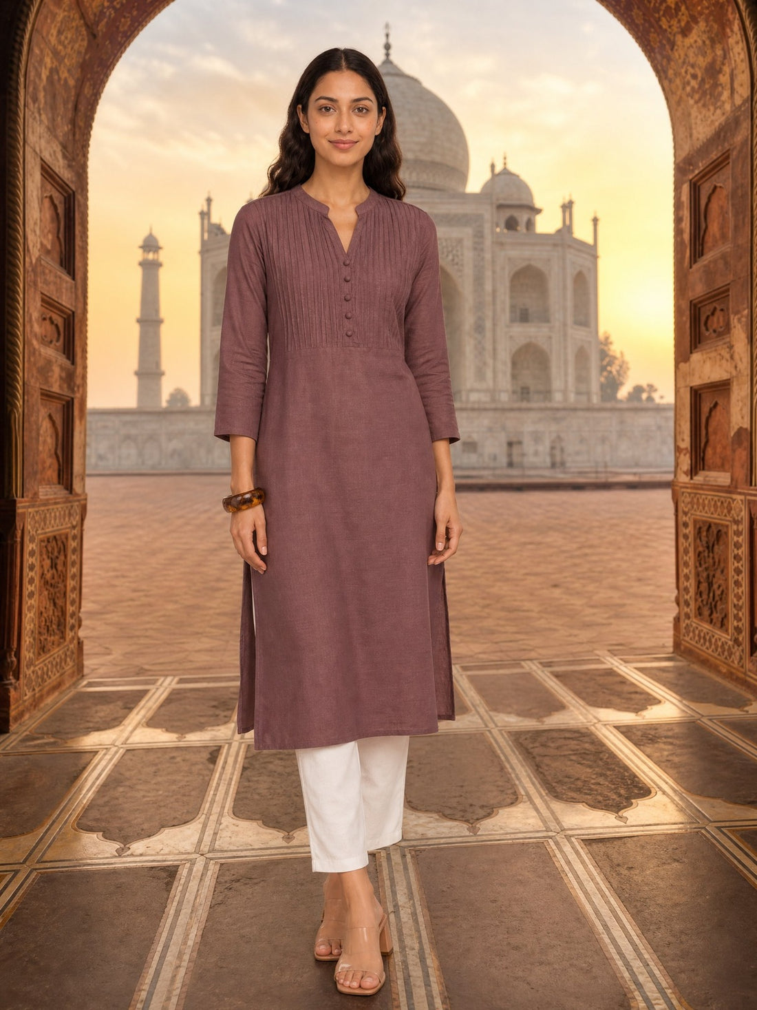Buy Rayon Pin Tuck Straight Knee Length Kurta-Mauve