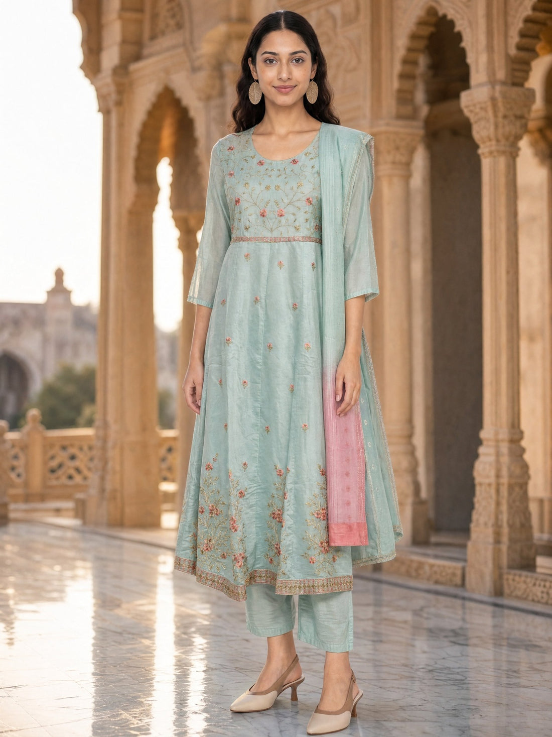 Buy Viscose Embroidered Anarkali Calf Length Kurta With Pant and Dupatta-Turquoise