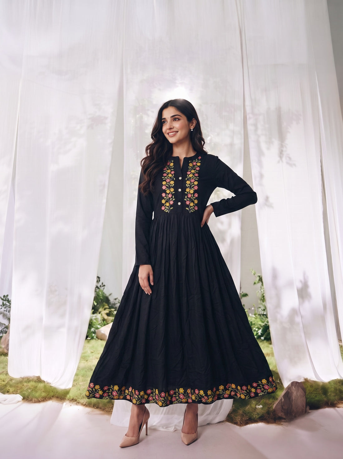 Buy Rayon Embroidered Straight Calf Length Dress-Black