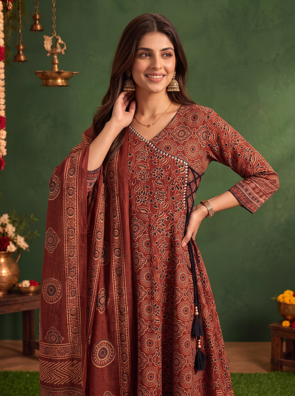 Cotton Printed Flared Calf Length Kurta With Pant and Dupatta