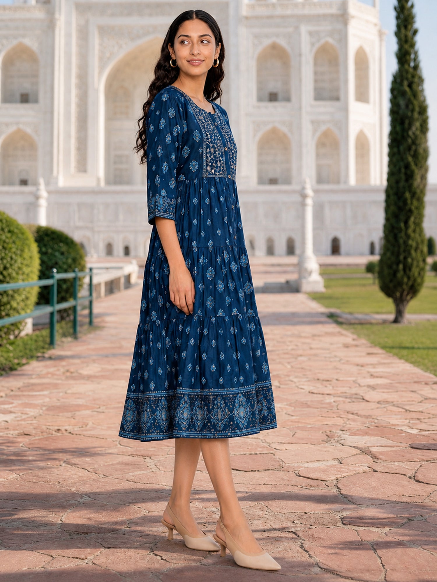 Buy Viscose Embroidered Flared Calf Length Dress-Blue