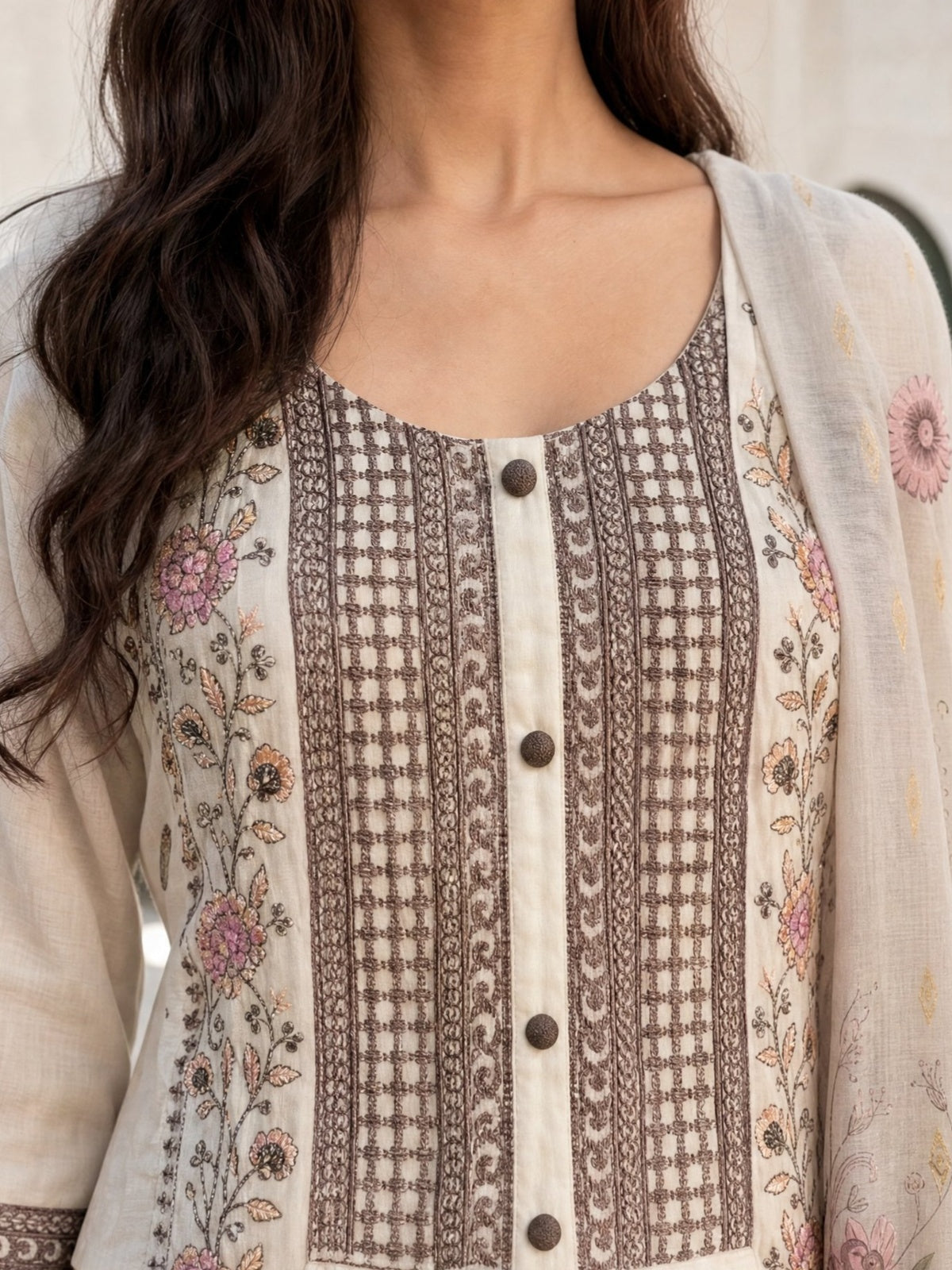 Buy Viscose Embroidered Anarkali Calf Length Kurta With Pant and Dupatta-Off White