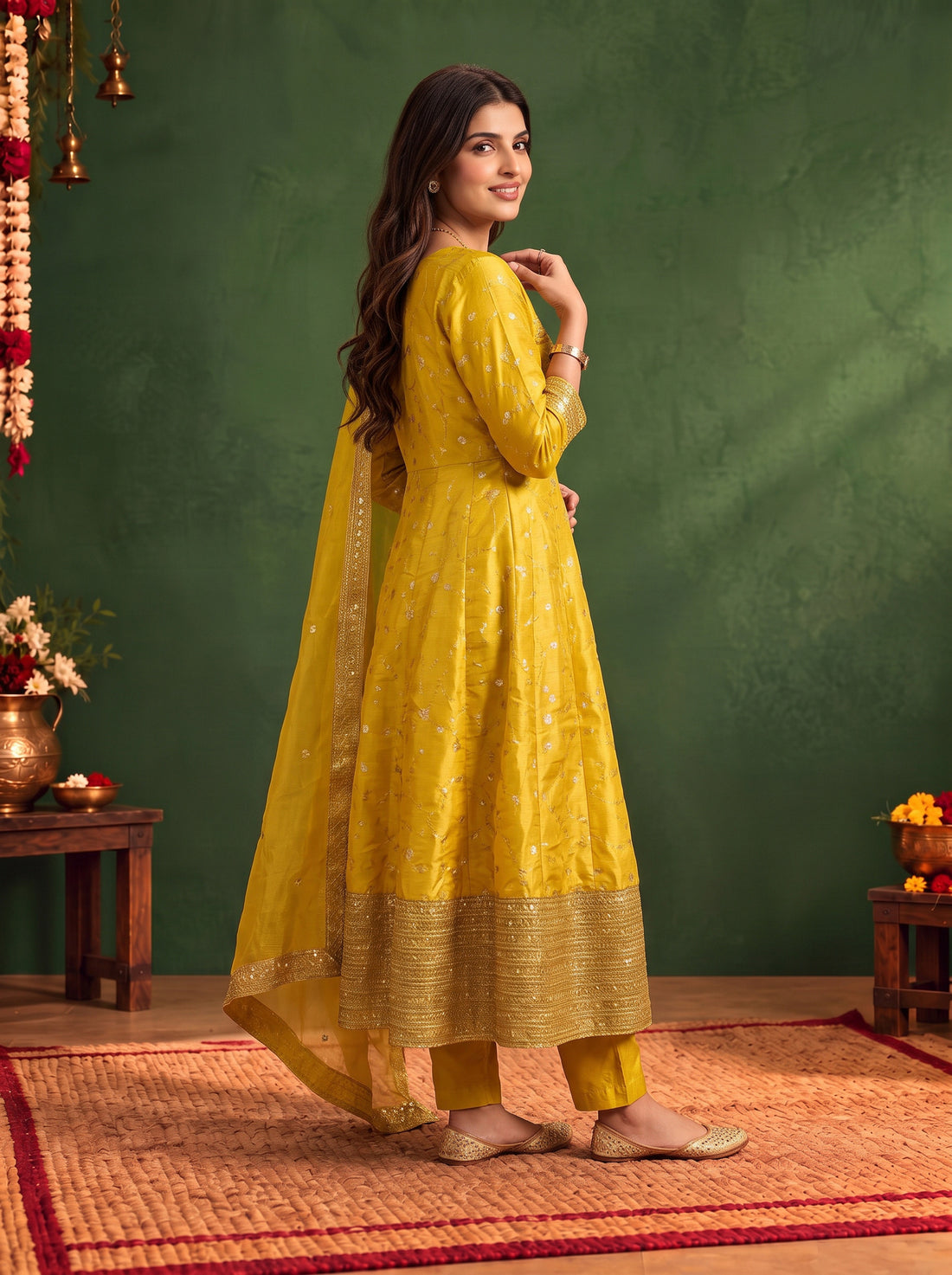 Buy Viscose Embroidered Flared Calf Length Kurta With Pant and Dupatta-Mustard