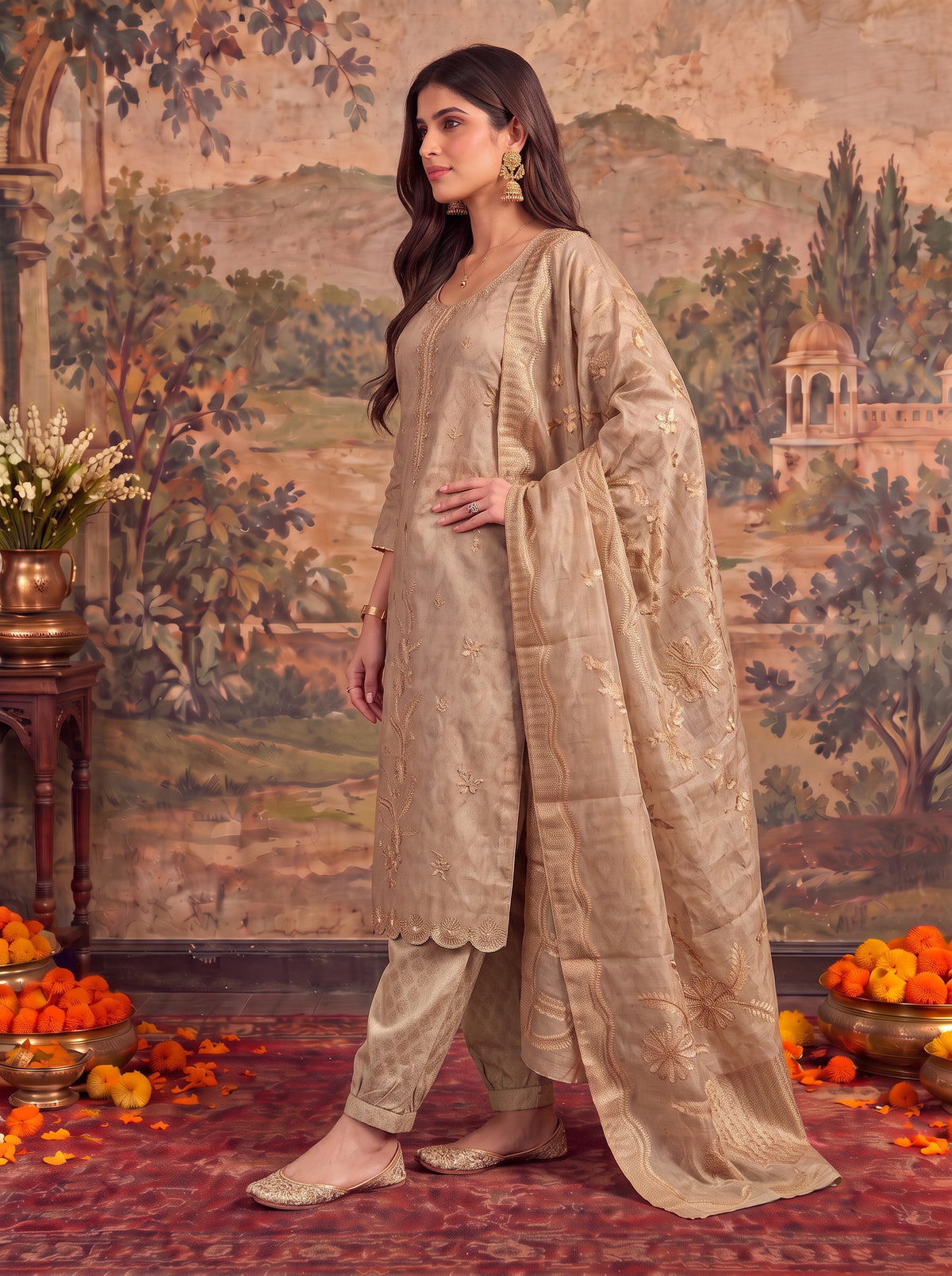 Buy Viscose Embroidered Straight Calf Length Kurta With Pant and Dupatta-Beige