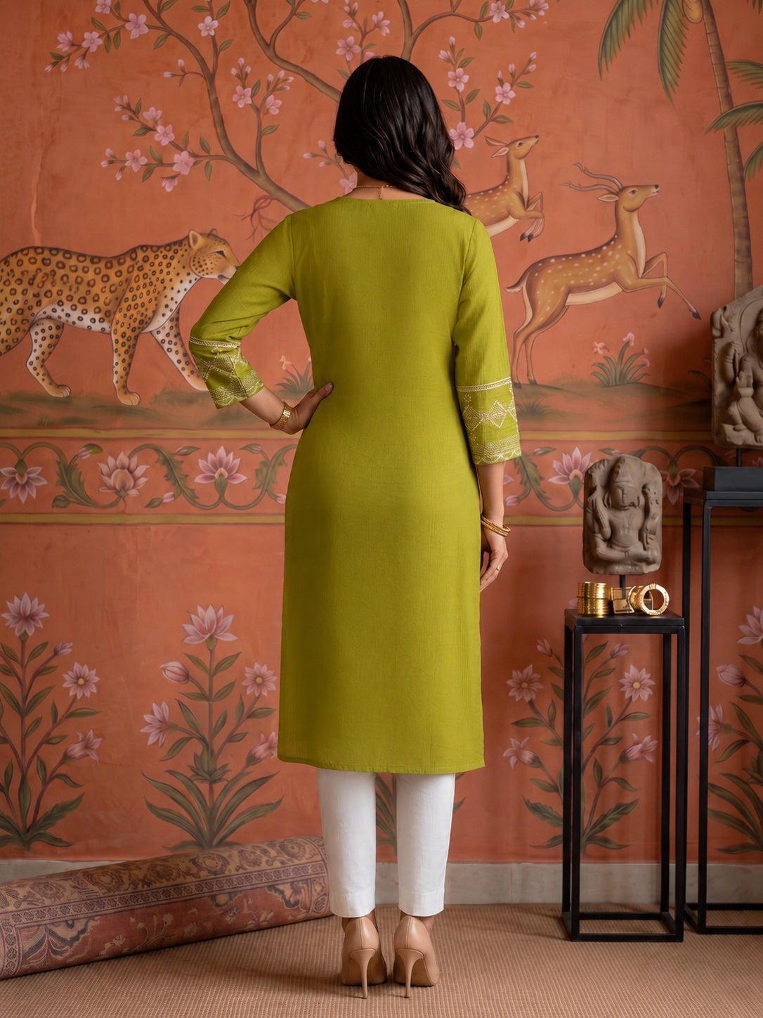 Buy Viscose Embroidered Straight Calf Length Kurta-Green