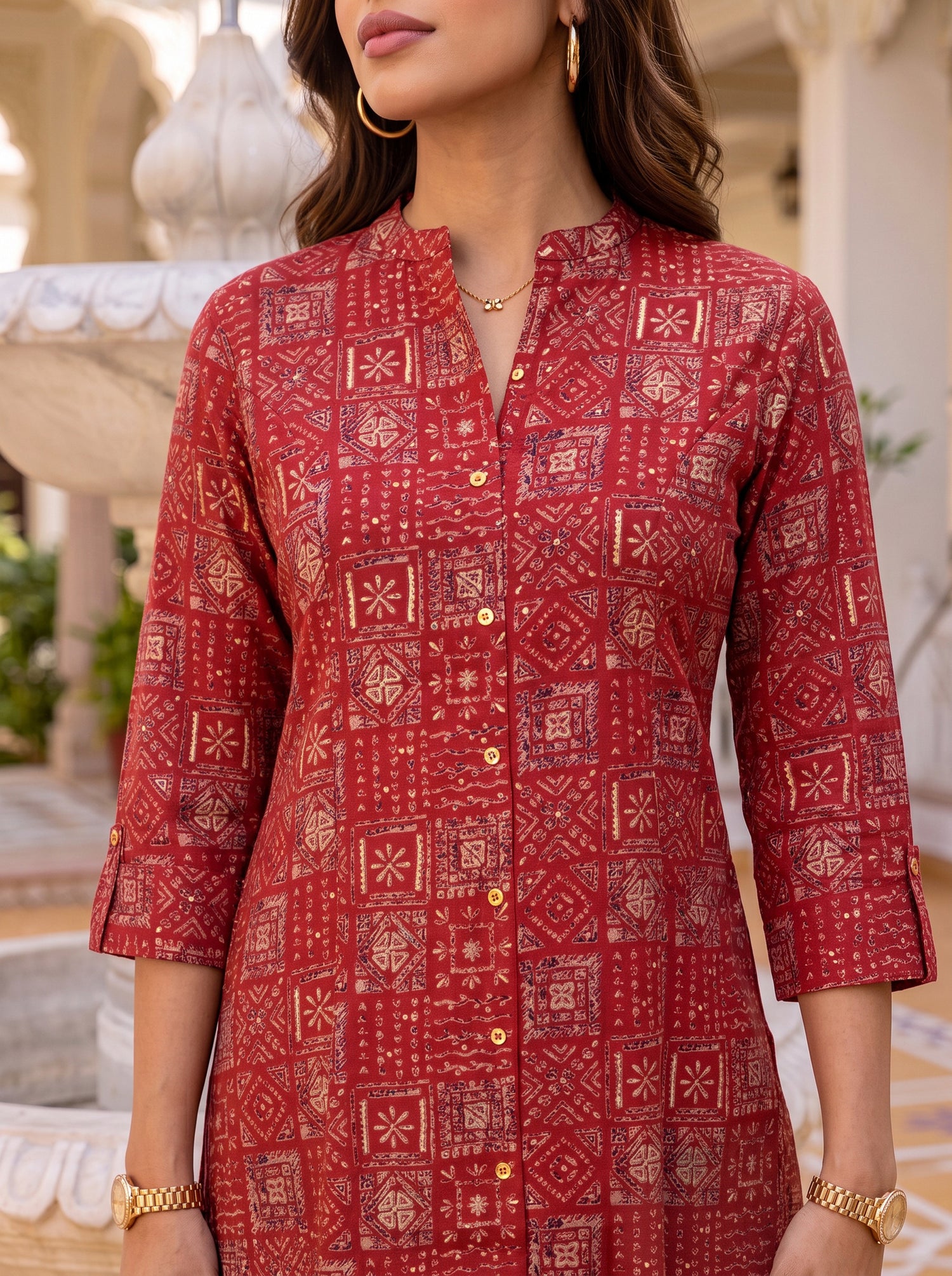 Buy Viscose Printed A-Line Calf Length Kurta With Pant-Red