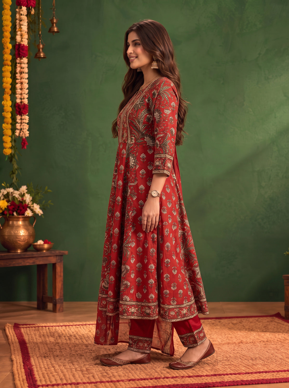 Buy Cotton Printed Flared Calf Length Kurta With Pant and Dupatta-Red