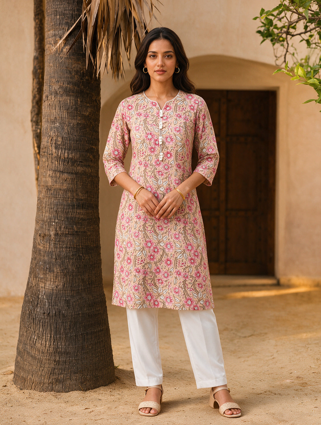 Buy Cotton Printed Straight Knee Length Kurta-Beige