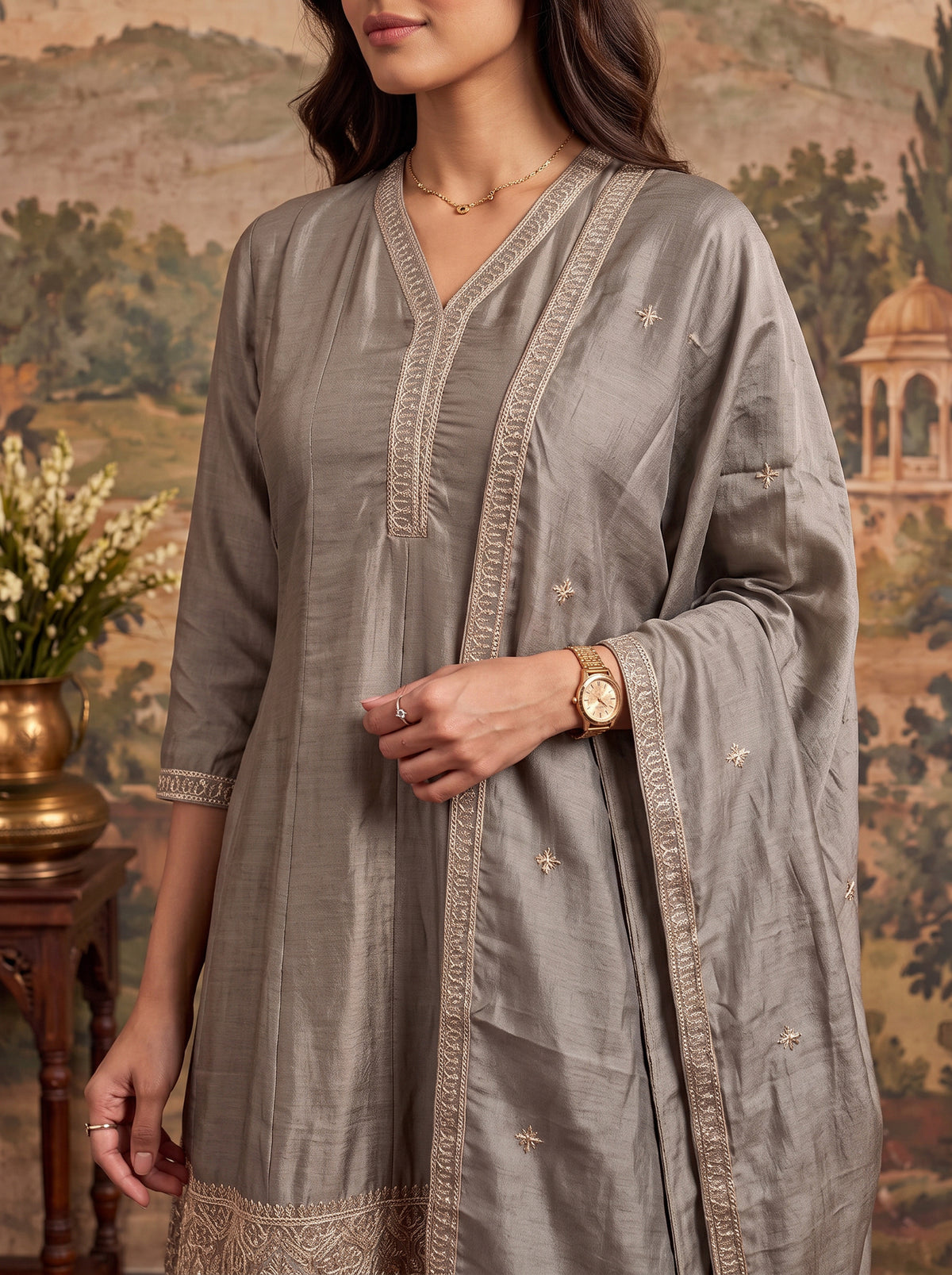 Buy Viscose Embroidered Straight Knee Length Kurta With Pant and Dupatta-Grey