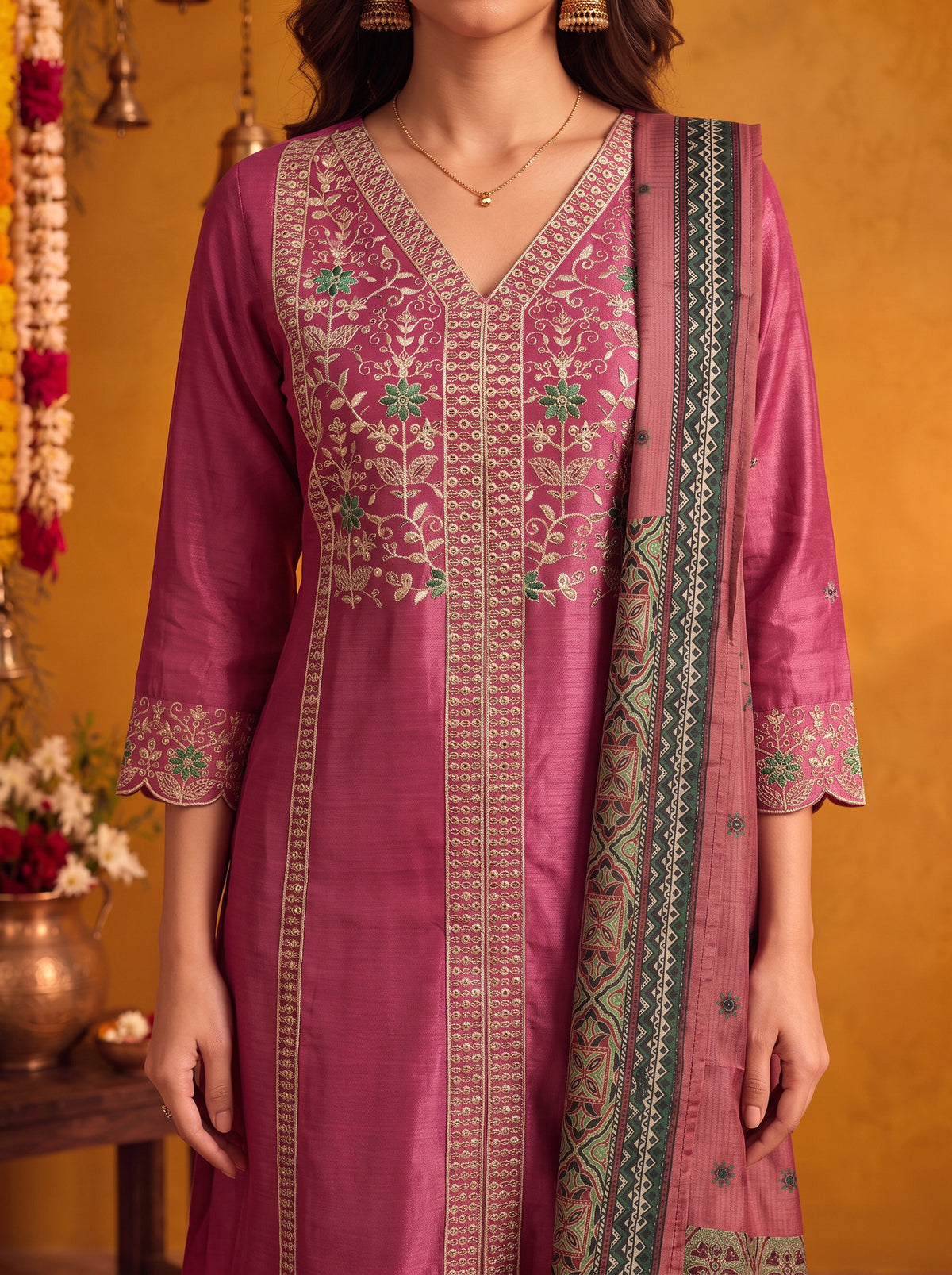 Buy Viscose Embroidered Flared Calf Length Kurta With Pant and Dupatta-Magenta