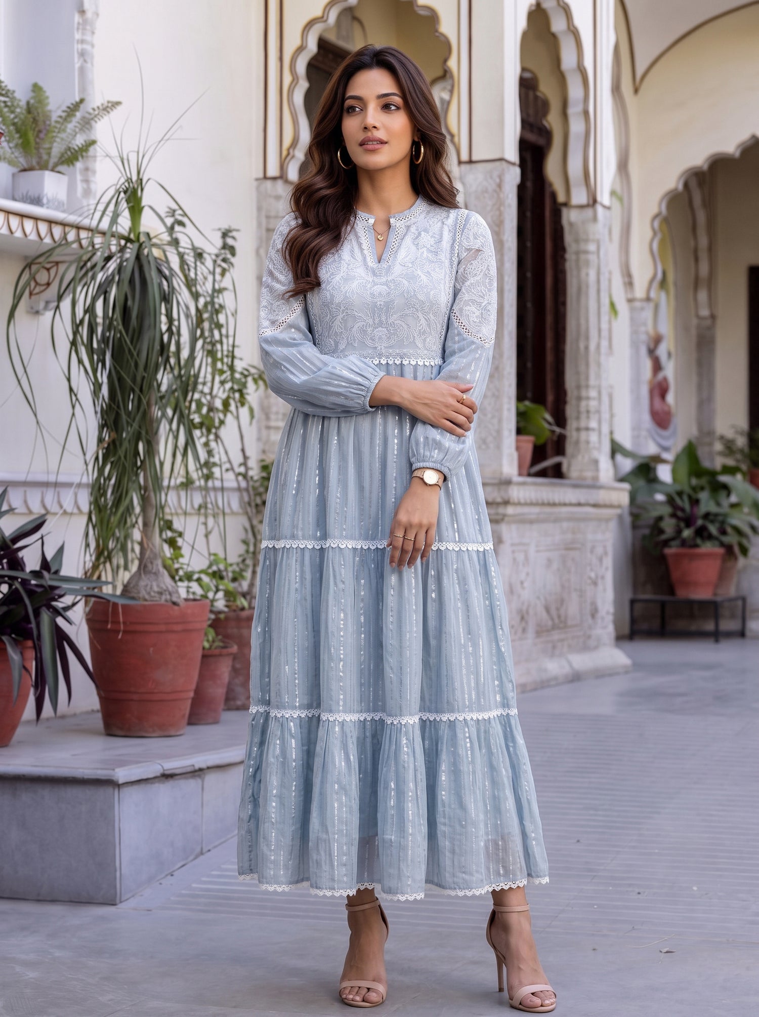 Buy Chanderi Embroidered Flared Calf Length Dress-Light Blue