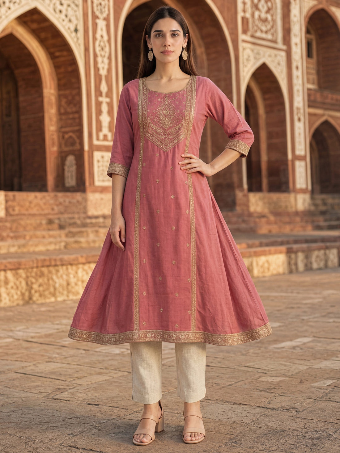 Buy Rayon Embroidered Flared Calf Length Kurta-Peach