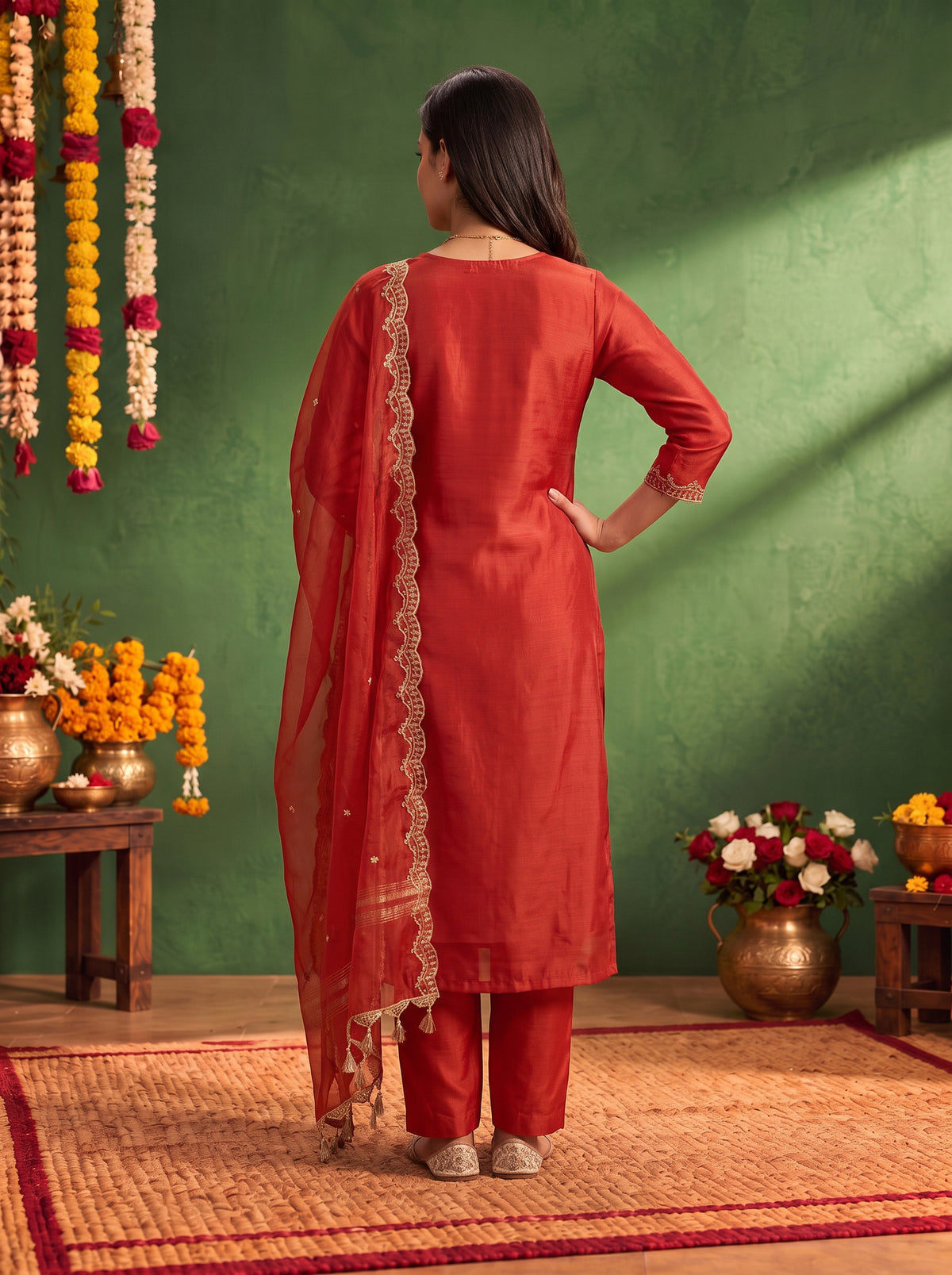 Chanderi Embroidered Flared Calf Length Kurta With Pant and Dupatta