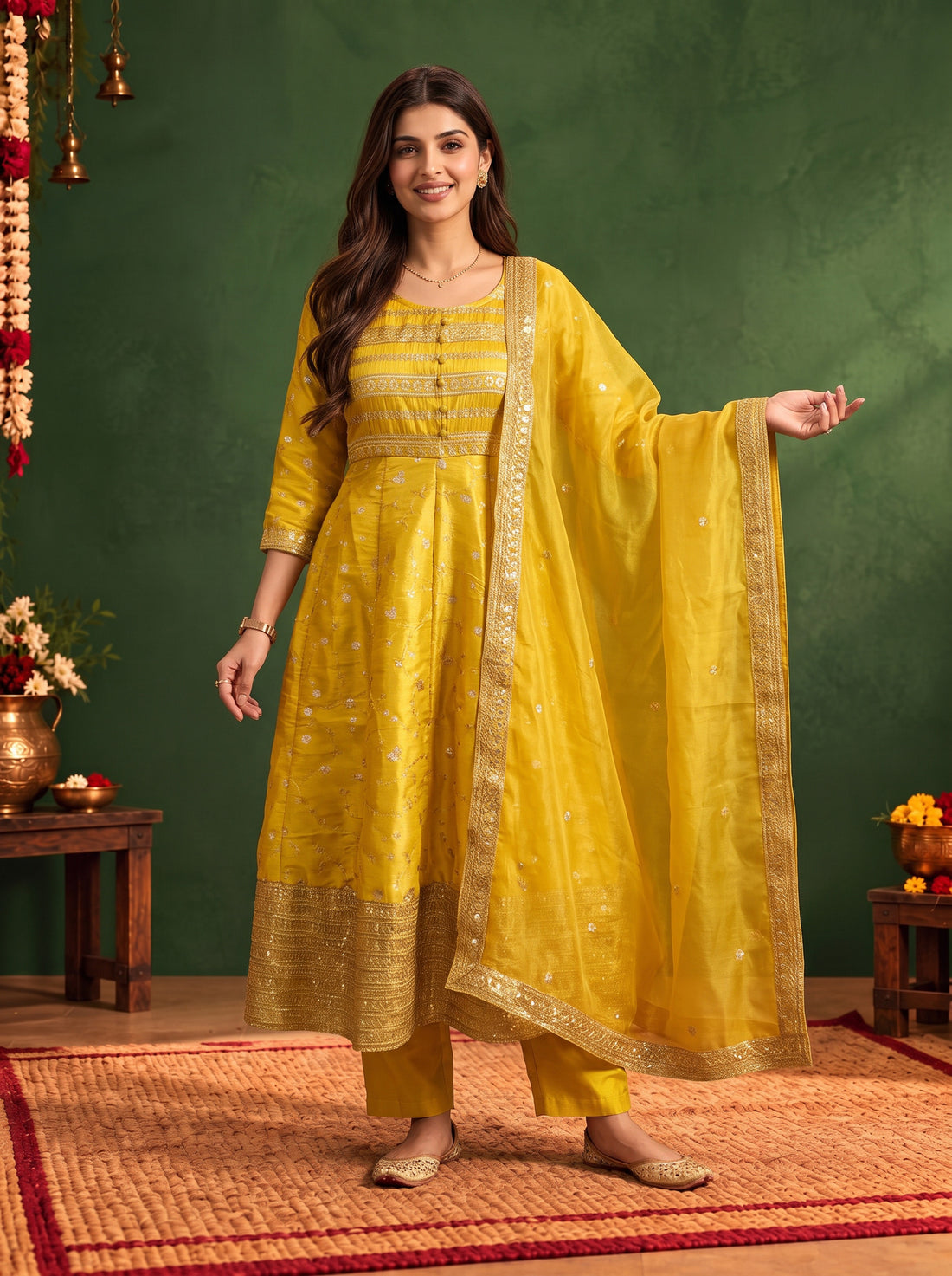 Buy Viscose Embroidered Flared Calf Length Kurta With Pant and Dupatta-Mustard