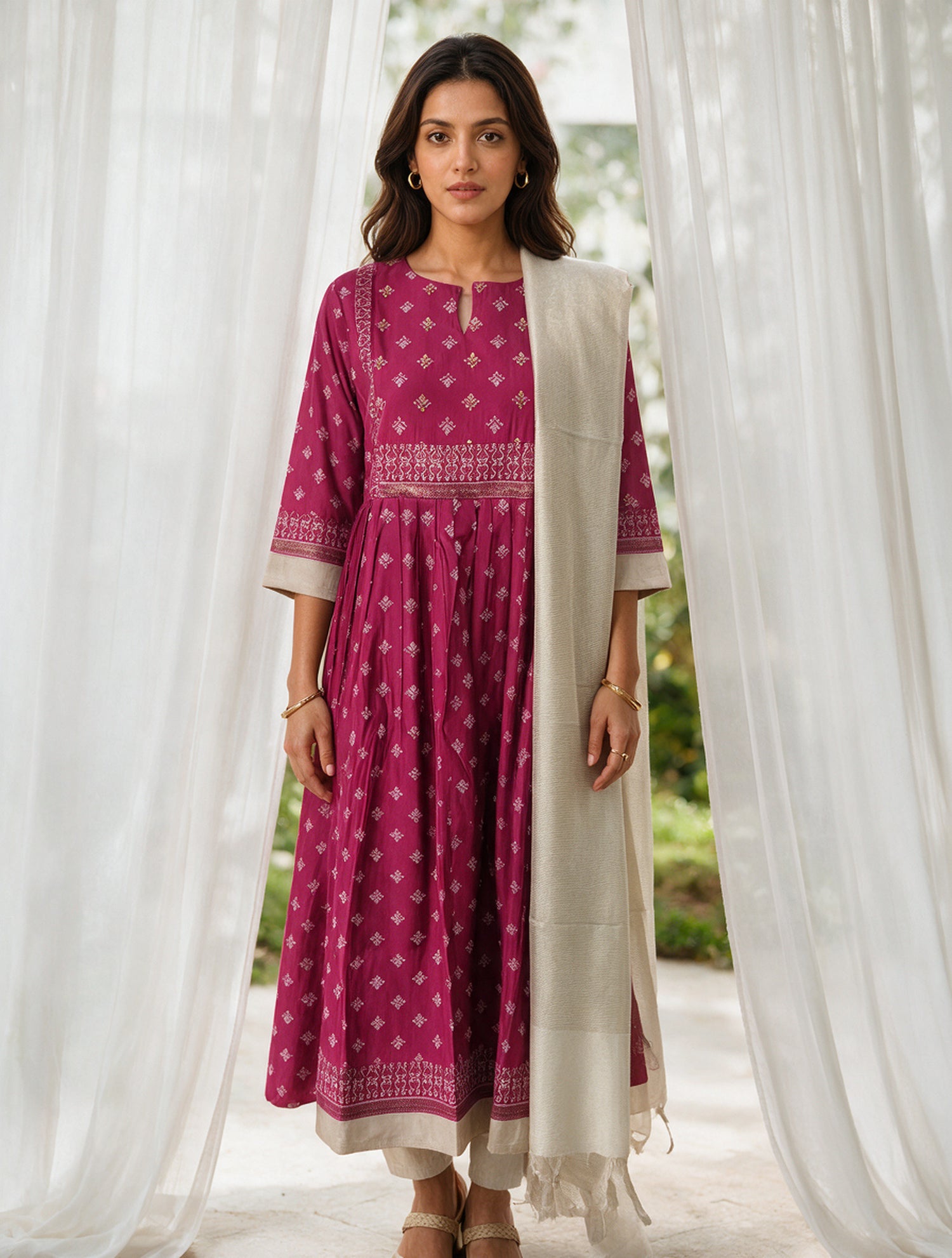 Buy Viscose Printed Flared Calf Length Kurta With Pant and Dupatta-Fuschia