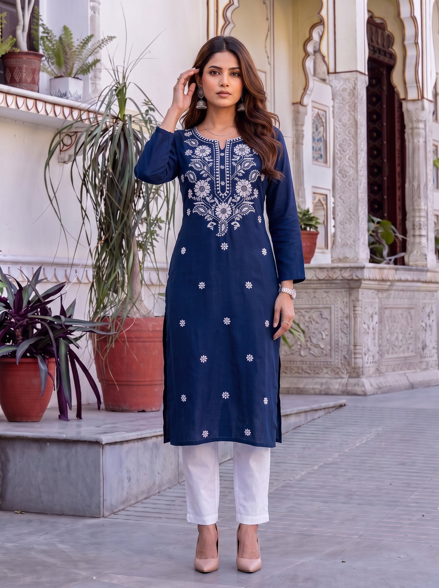 Rayon Embroidered Straight Calf Length Kurta